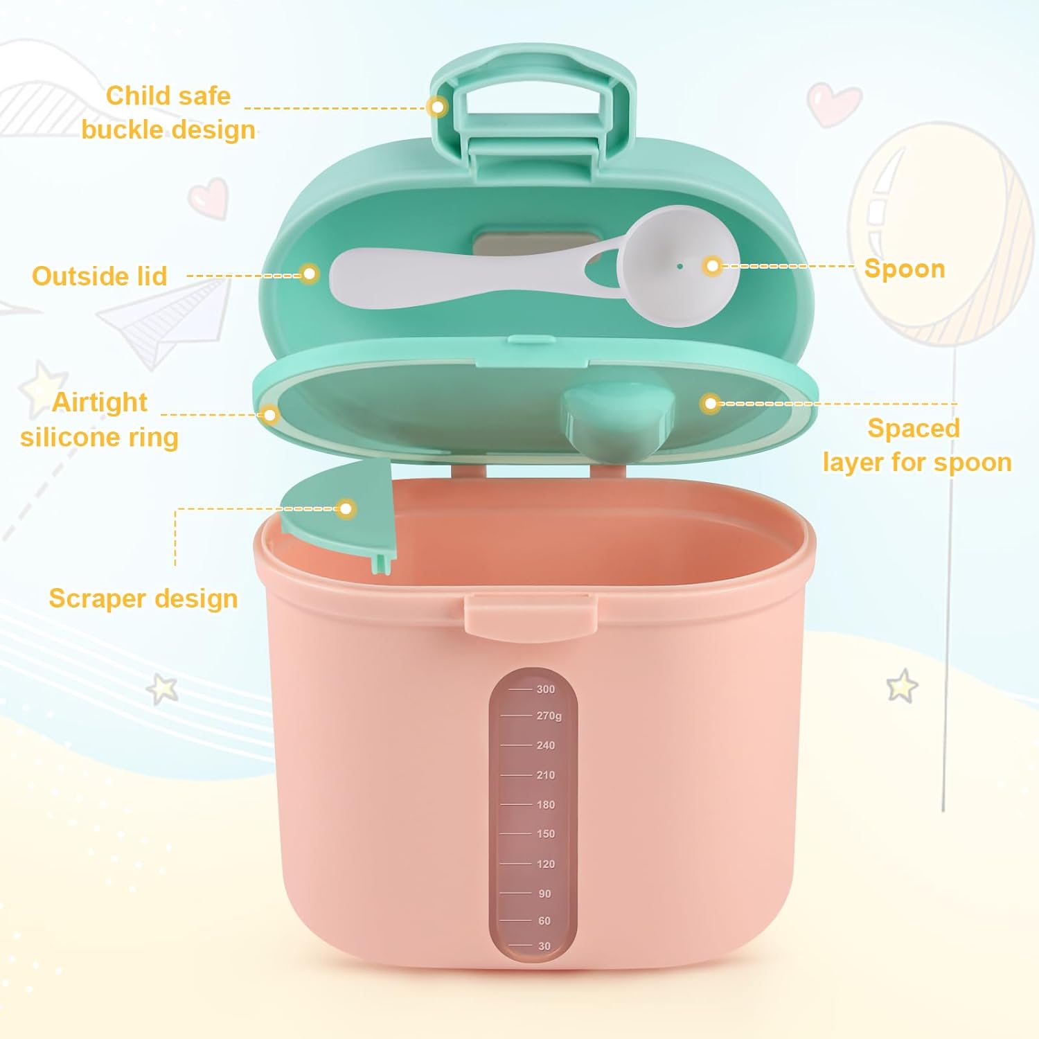 Baby Formula Dispenser On The Go, Portable Milk Powder Formula Dispenser with Scoop,Formula Containers for Travel Hold 12.7oz/360g Formula, Pink - Image 4