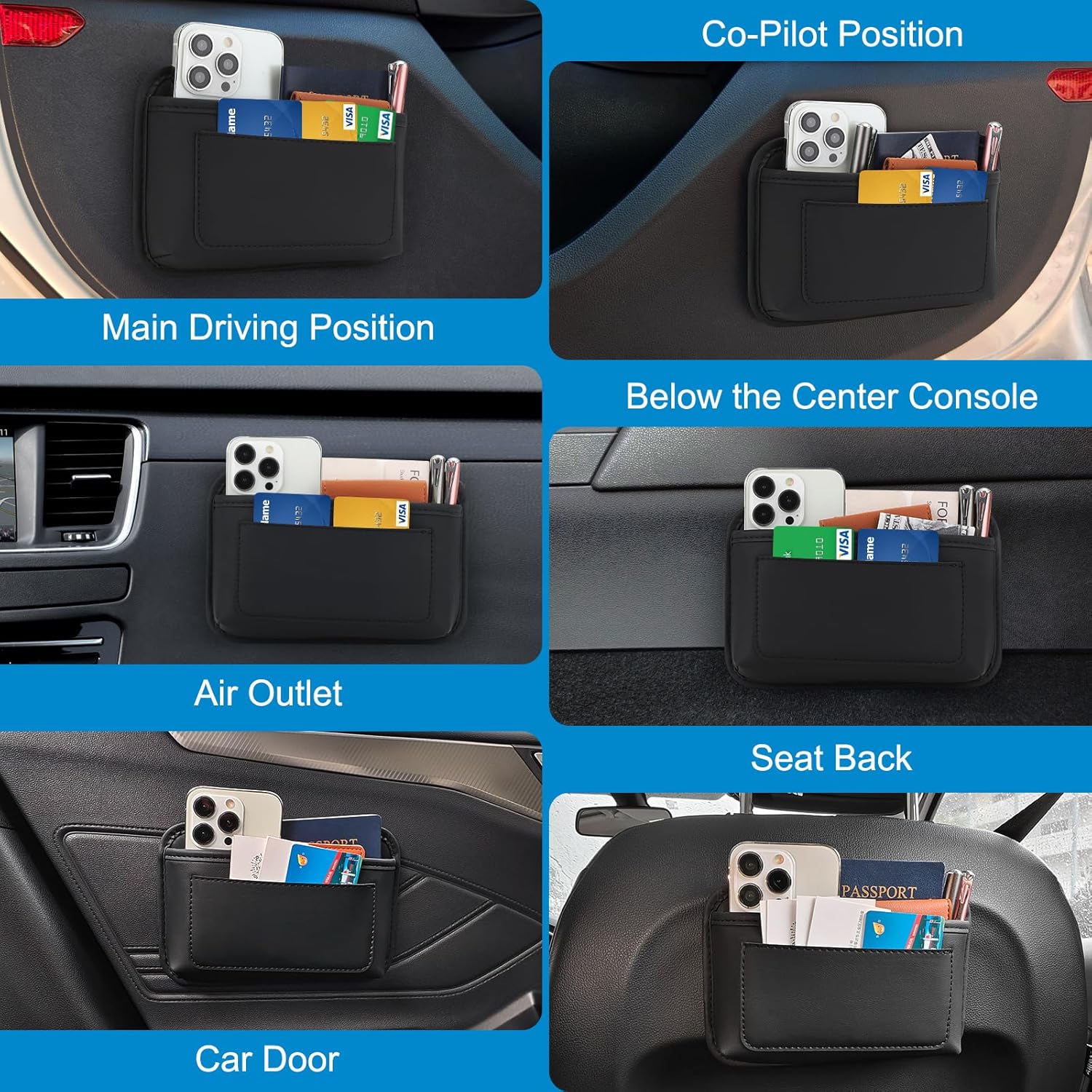 Universal Car Side Pocket Organizer, PU Leather Car Pocket Pouch Cell Phone Sunglasses Holder, Car Phone Pocket Organizer Accessories for Car Seat, Door, Window, Console - Image 6