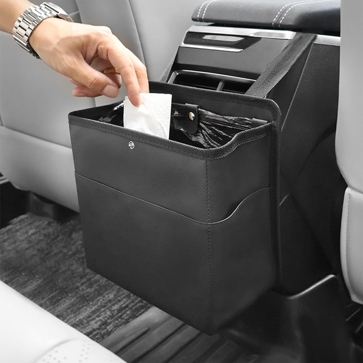 Car Trash Can with Pocket, Small Vehicle Dustbin Automotive Garbage Organizer Bin with 60 Pcs Trash Bags, Hanging Cars Storage Container for SUV Vans (Black) - Image 1