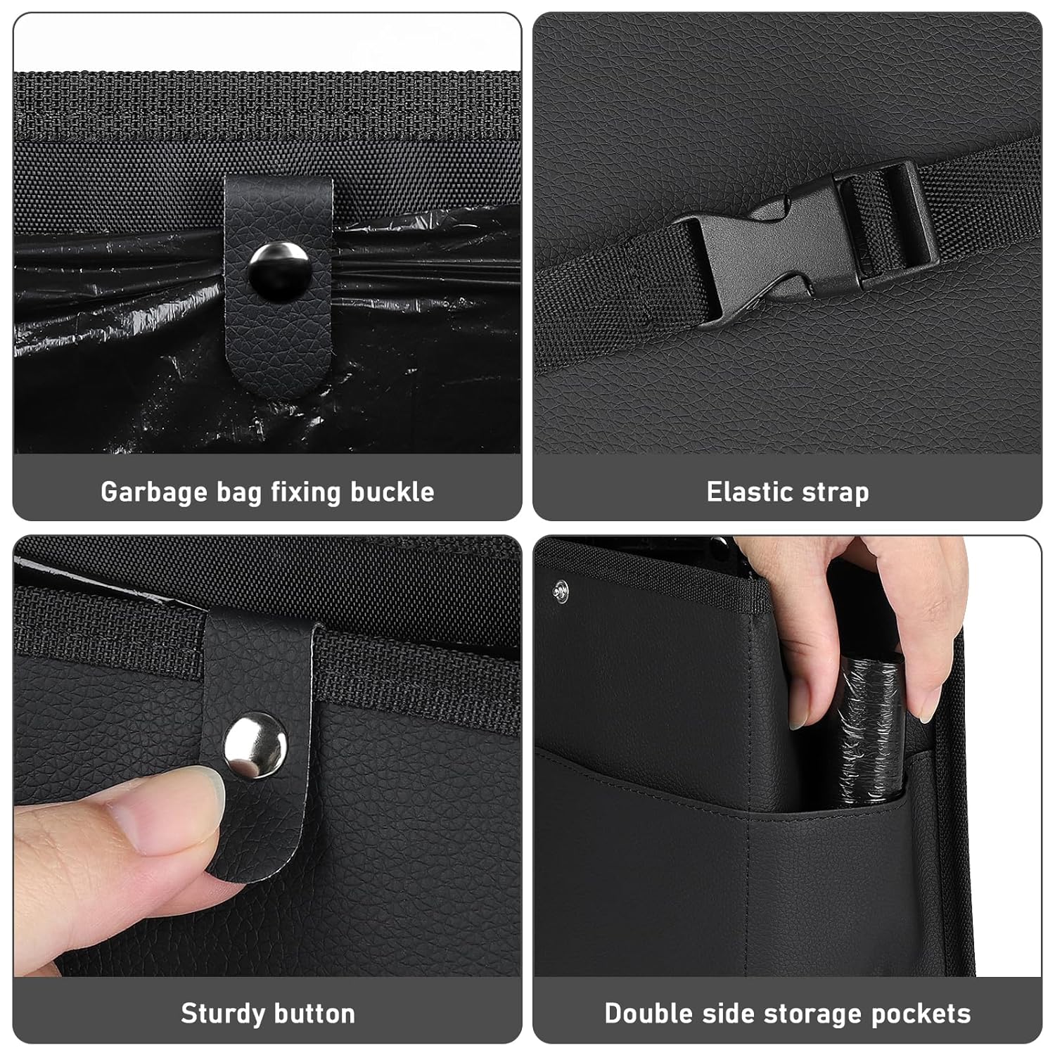 Car Trash Can with Pocket, Small Vehicle Dustbin Automotive Garbage Organizer Bin with 60 Pcs Trash Bags, Hanging Cars Storage Container for SUV Vans (Black) - Image 3