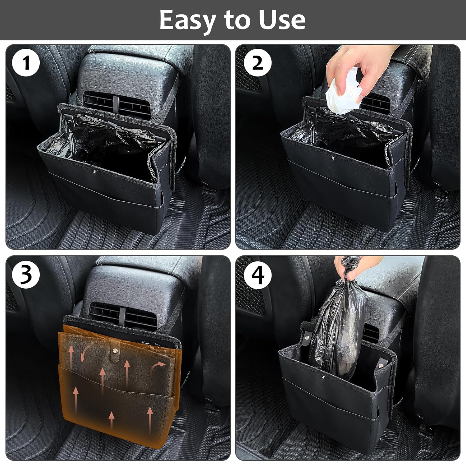 Car Trash Can with Pocket, Small Vehicle Dustbin Automotive Garbage Organizer Bin with 60 Pcs Trash Bags, Hanging Cars Storage Container for SUV Vans (Black) - Image 4