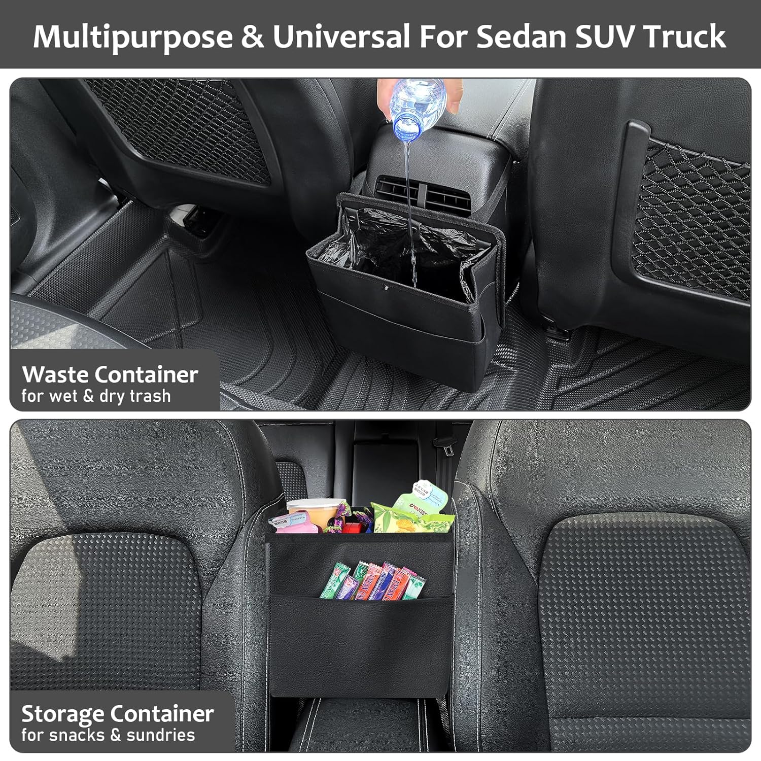 Car Trash Can with Pocket, Small Vehicle Dustbin Automotive Garbage Organizer Bin with 60 Pcs Trash Bags, Hanging Cars Storage Container for SUV Vans (Black) - Image 5