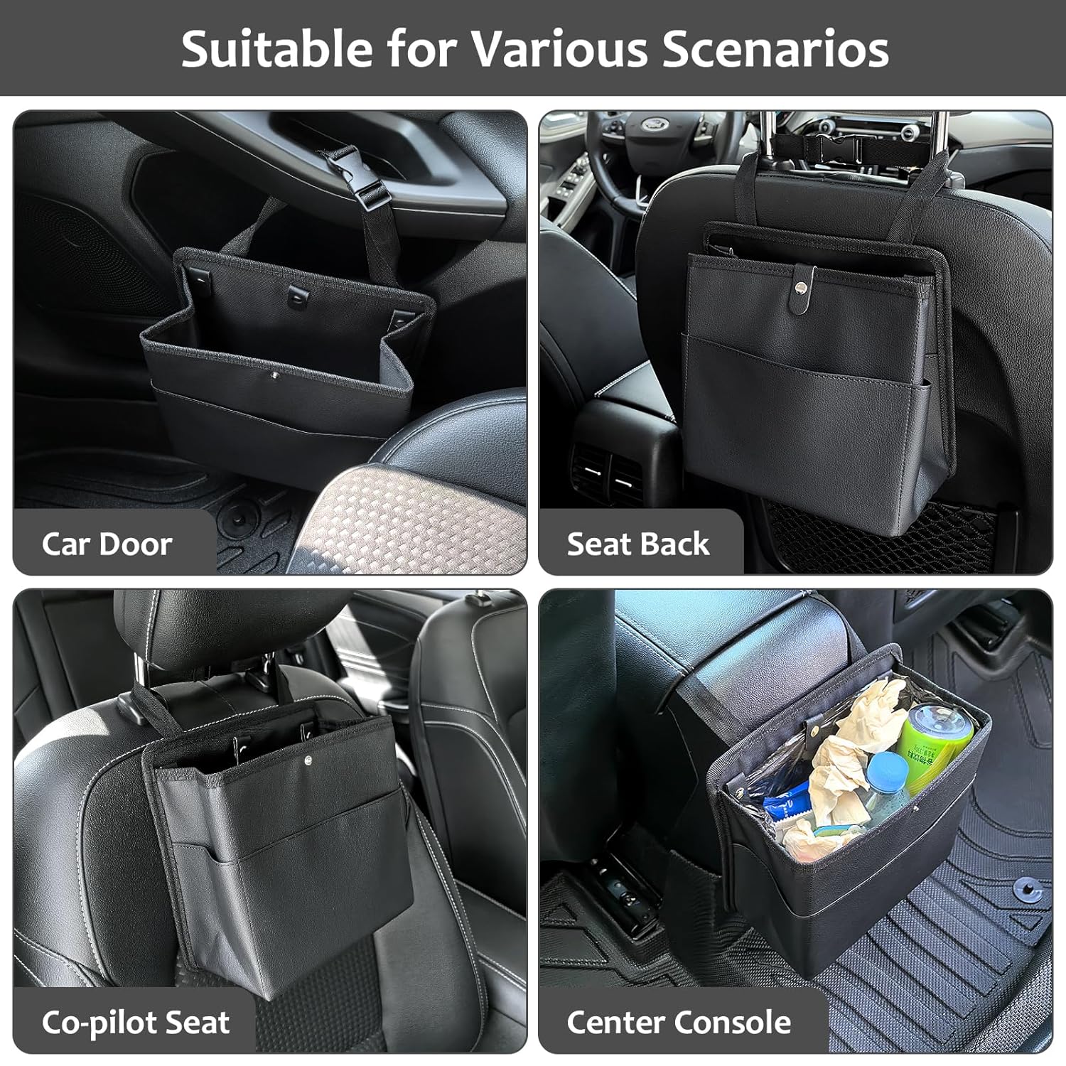 Car Trash Can with Pocket, Small Vehicle Dustbin Automotive Garbage Organizer Bin with 60 Pcs Trash Bags, Hanging Cars Storage Container for SUV Vans (Black) - Image 6