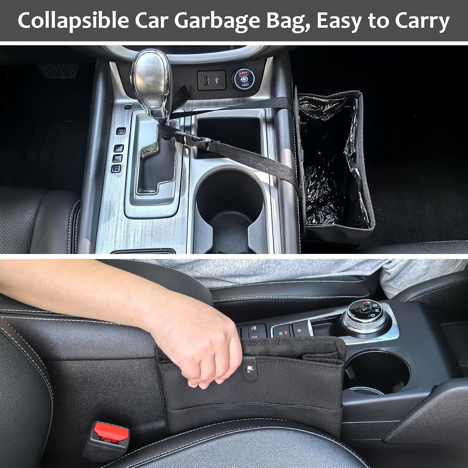Car Trash Can with Pocket, Small Vehicle Dustbin Automotive Garbage Organizer Bin with 60 Pcs Trash Bags, Hanging Cars Storage Container for SUV Vans (Black) - Image 7