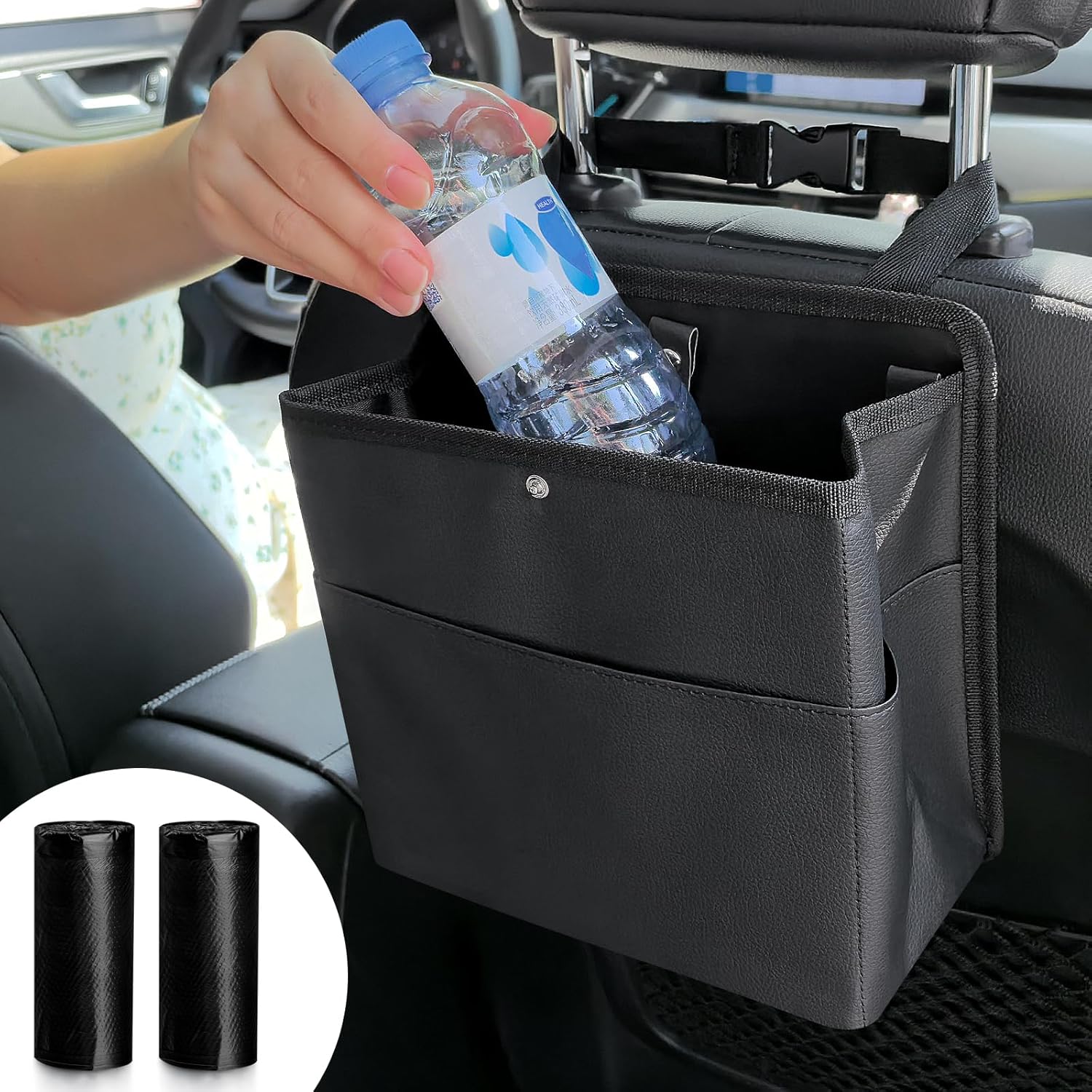 Car Trash Can with Pocket, Small Vehicle Dustbin Automotive Garbage Organizer Bin with 60 Pcs Trash Bags, Hanging Cars Storage Container for SUV Vans (Black) - Image 8