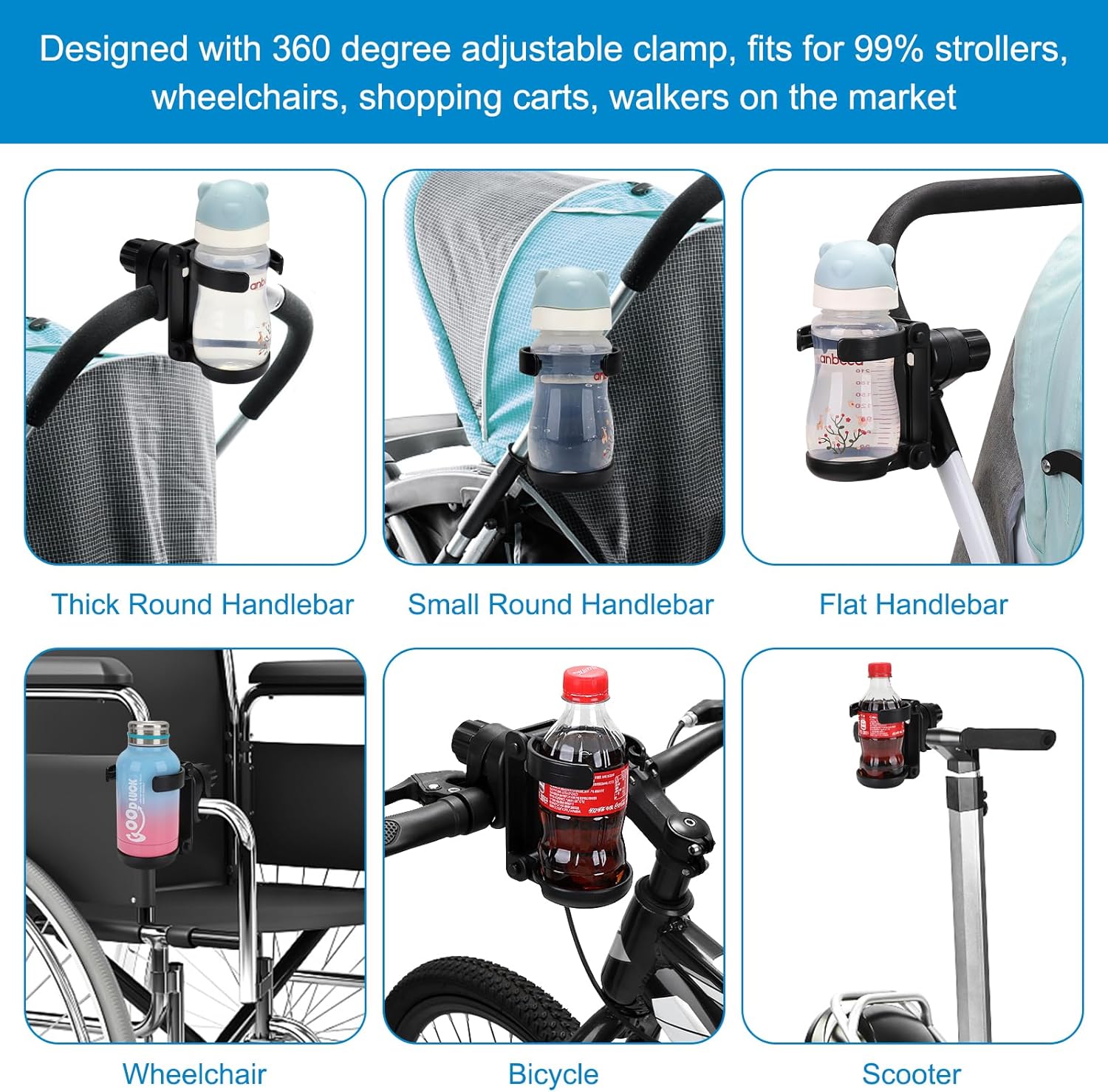 Stroller Cup Holder, Foldable Universal Cup Holder, 360 ° Rotatable Bottle Holder for Stroller, Bike, Wheelchair, Walker, Scooter ﻿ - Image 6