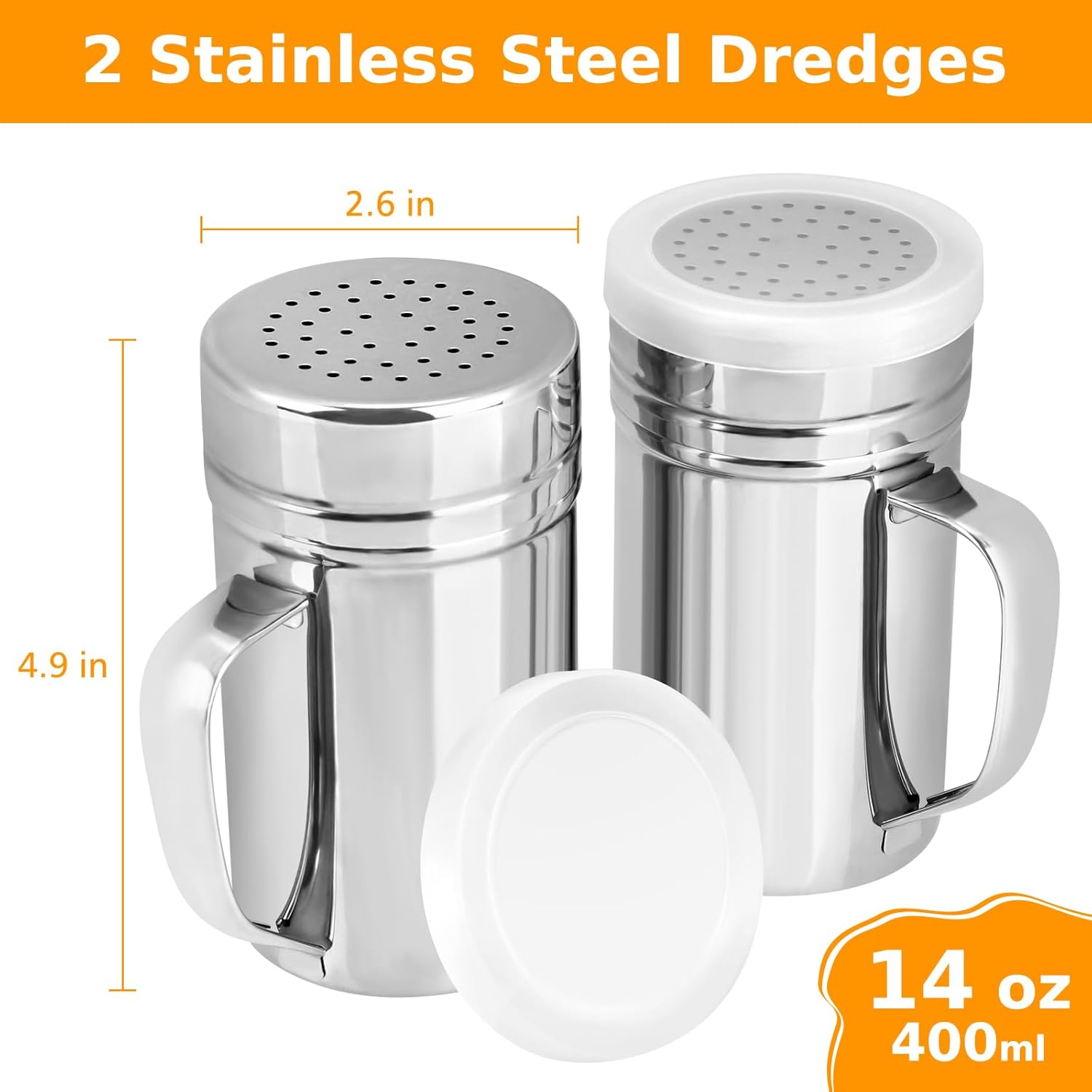 2pcs Stainless Steel Dredge, Salt Pepper Dredge Shakers with Handle, Seasonings Spice Shakers with Lid, 14 Ounce - Image 2