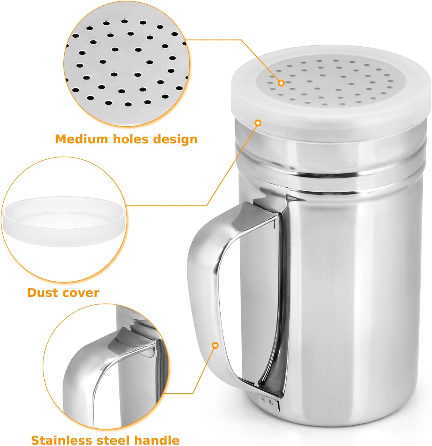 2pcs Stainless Steel Dredge, Salt Pepper Dredge Shakers with Handle, Seasonings Spice Shakers with Lid, 14 Ounce - Image 3