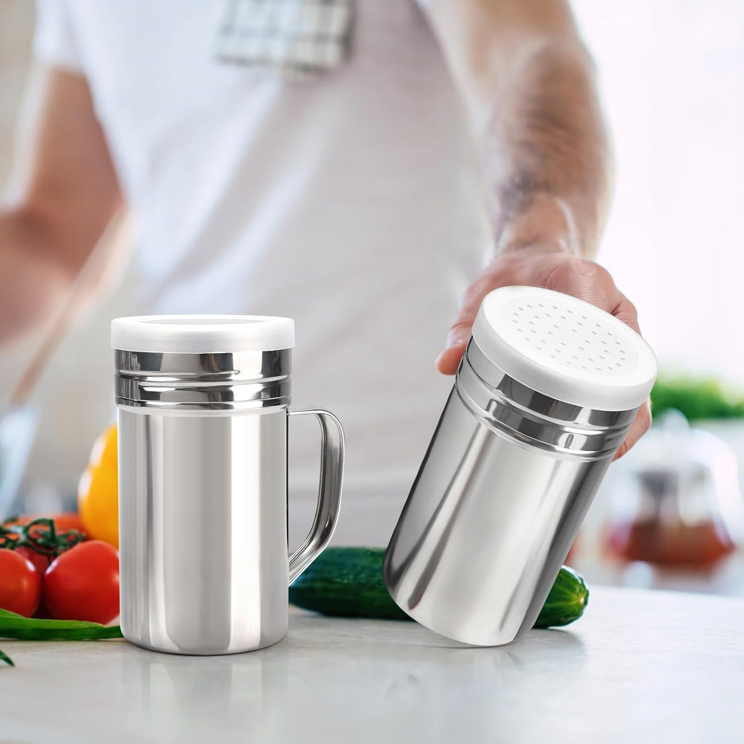 2pcs Stainless Steel Dredge, Salt Pepper Dredge Shakers with Handle, Seasonings Spice Shakers with Lid, 14 Ounce - Image 5