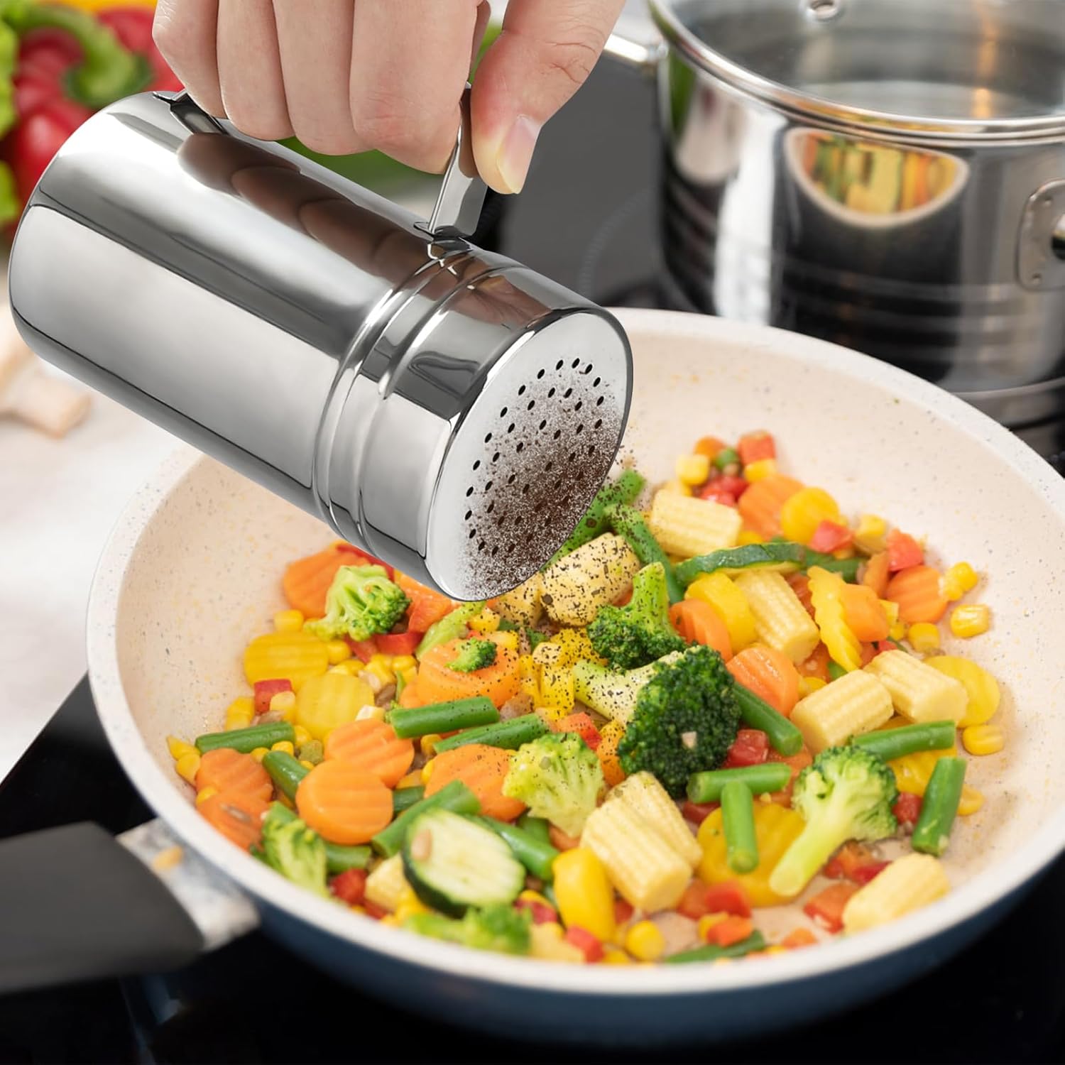 2pcs Stainless Steel Dredge, Salt Pepper Dredge Shakers with Handle, Seasonings Spice Shakers with Lid, 14 Ounce - Image 6