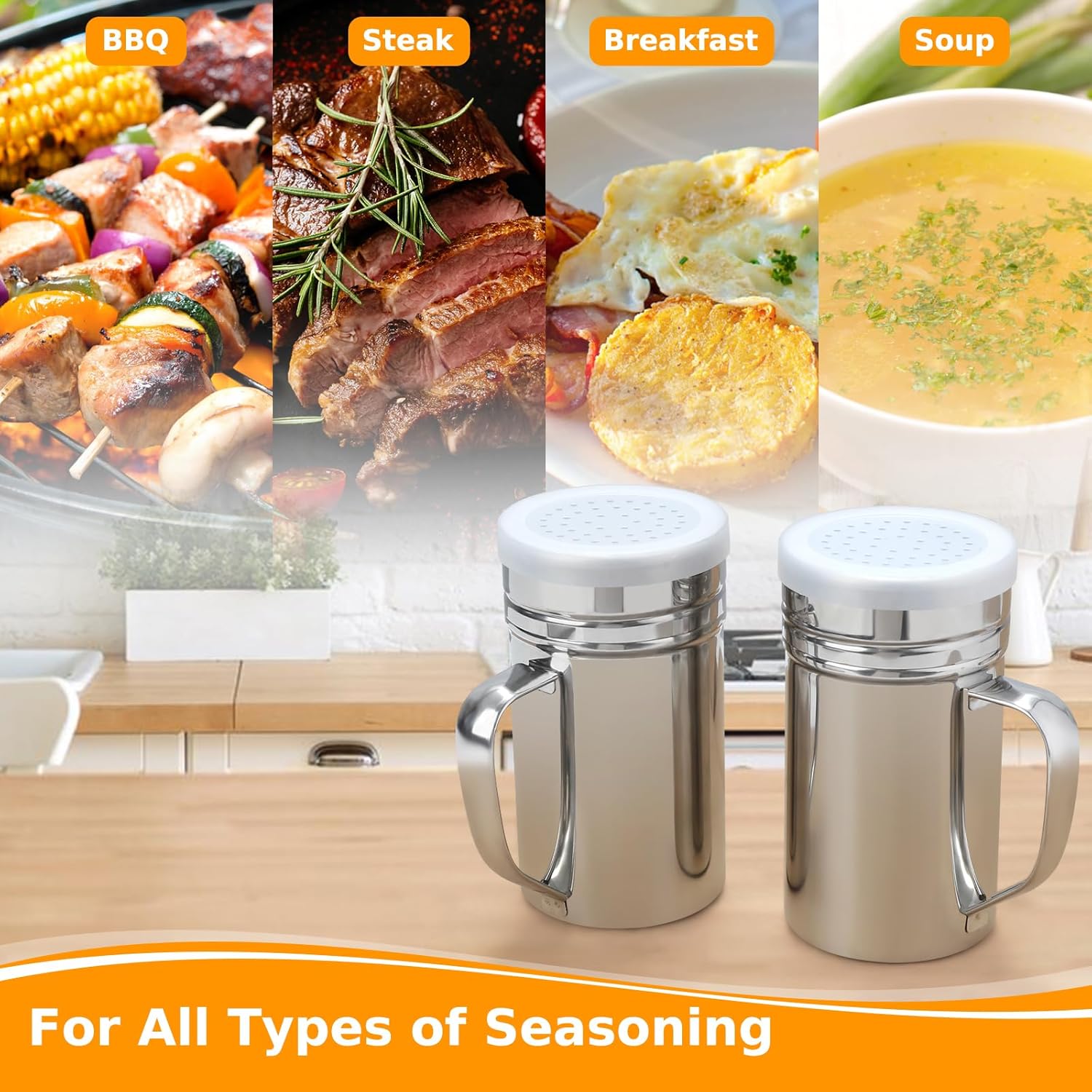 2pcs Stainless Steel Dredge, Salt Pepper Dredge Shakers with Handle, Seasonings Spice Shakers with Lid, 14 Ounce - Image 7