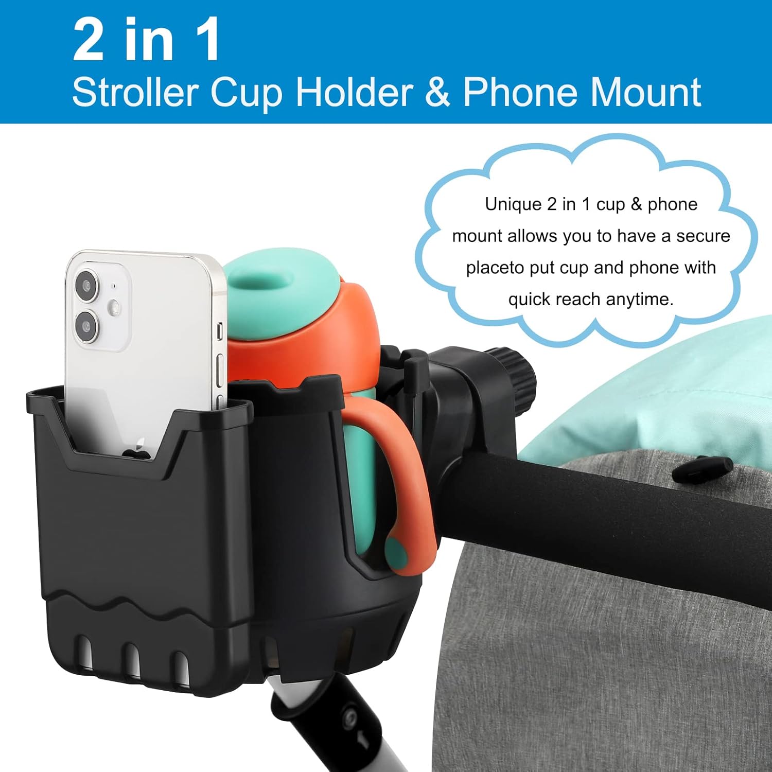 Stroller Cup Holder with Phone Holder, Universal Cup Holder, 2-in-1 Cup Phone Holder for Stroller, Bike, Walker, Wheelchair - Image 2