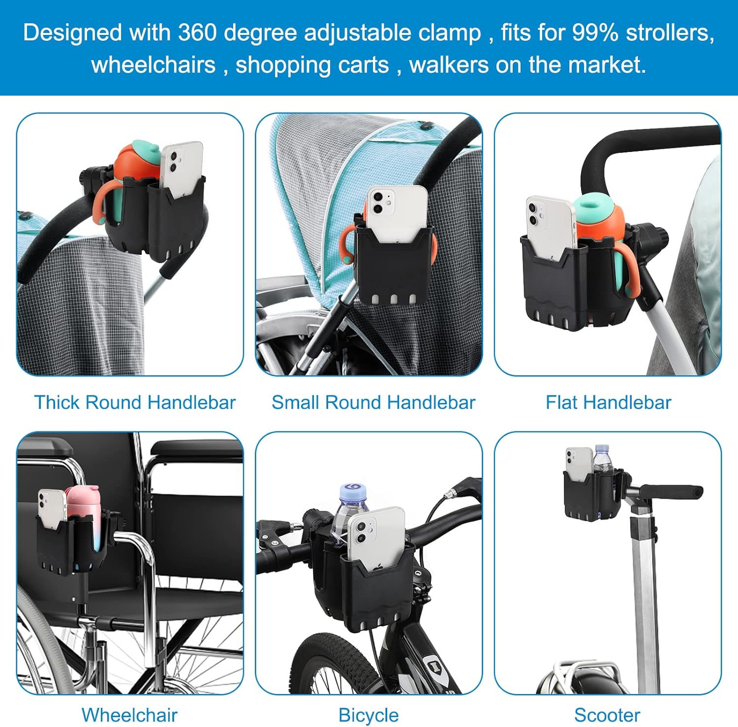 Stroller Cup Holder with Phone Holder, Universal Cup Holder, 2-in-1 Cup Phone Holder for Stroller, Bike, Walker, Wheelchair - Image 4