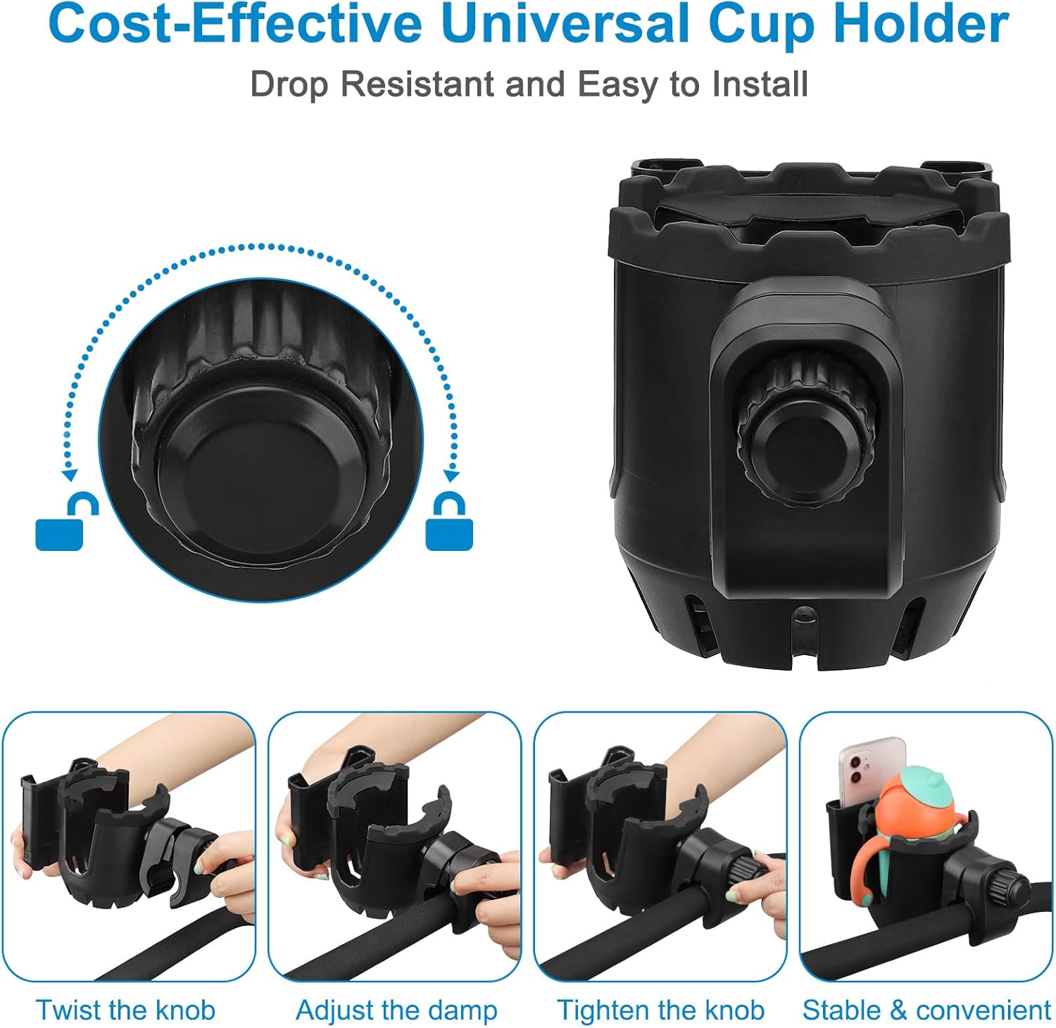 Stroller Cup Holder with Phone Holder, Universal Cup Holder, 2-in-1 Cup Phone Holder for Stroller, Bike, Walker, Wheelchair - Image 5