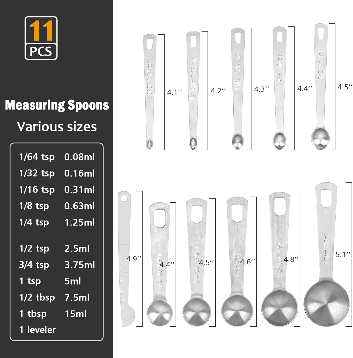 Stainless Steel Measuring Spoons Set with Leveler, 10 Pcs Mini Stackable Teaspoon & Tablespoon for Baking & Cooking, Kitchen Gadgets for Small Amount of Dry or Liquid Ingredients and Spices - Image 6