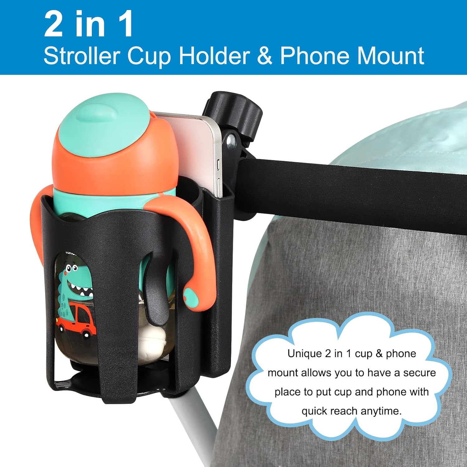 Stroller Cup Holder with Phone Holder, Bike Cup Holder, 2-in-1 Universal Cup Holder for Stroller, Bike, Pushchair, Rollator, Wheelchair, Walker, Scooter - Image 2