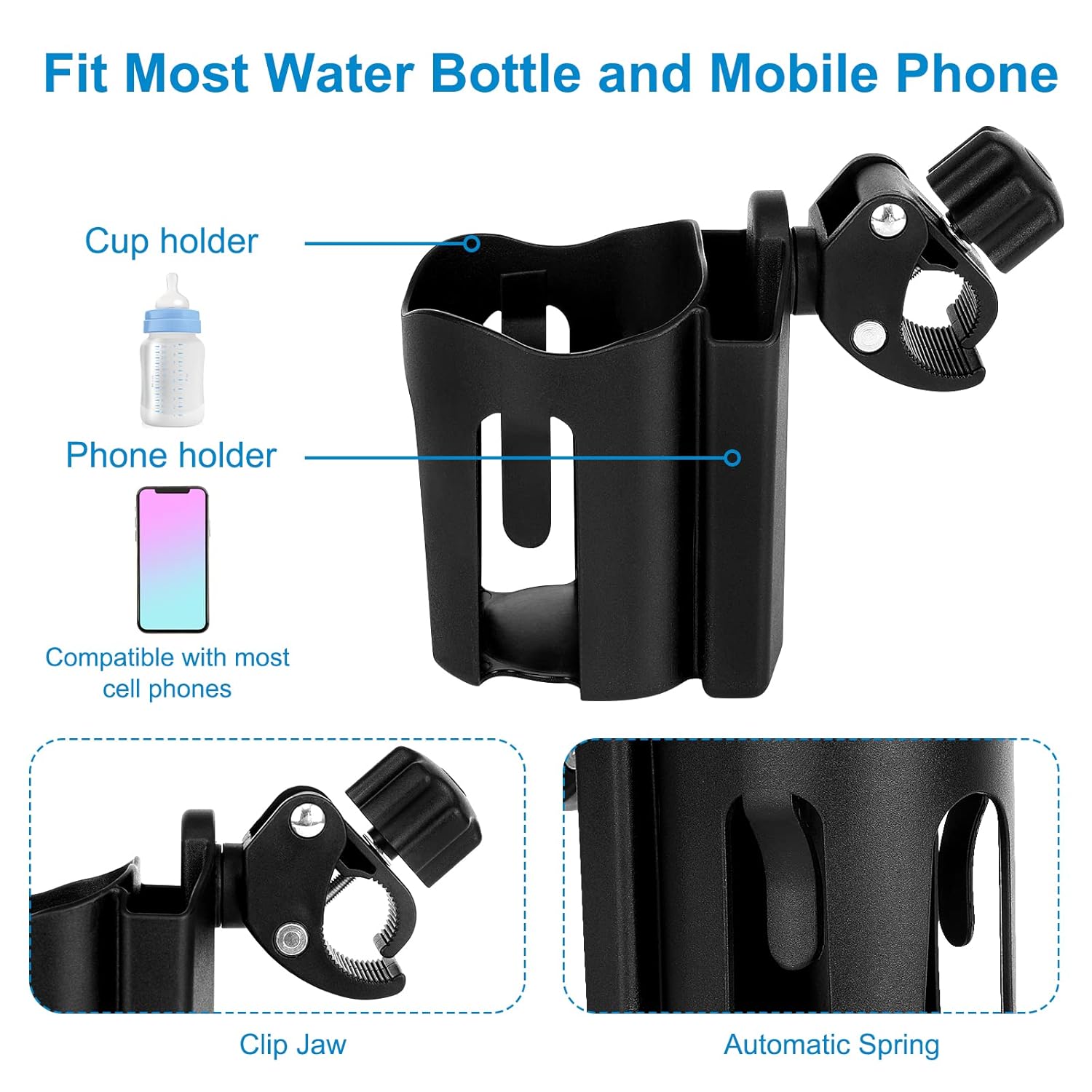 Stroller Cup Holder with Phone Holder, Bike Cup Holder, 2-in-1 Universal Cup Holder for Stroller, Bike, Pushchair, Rollator, Wheelchair, Walker, Scooter - Image 3