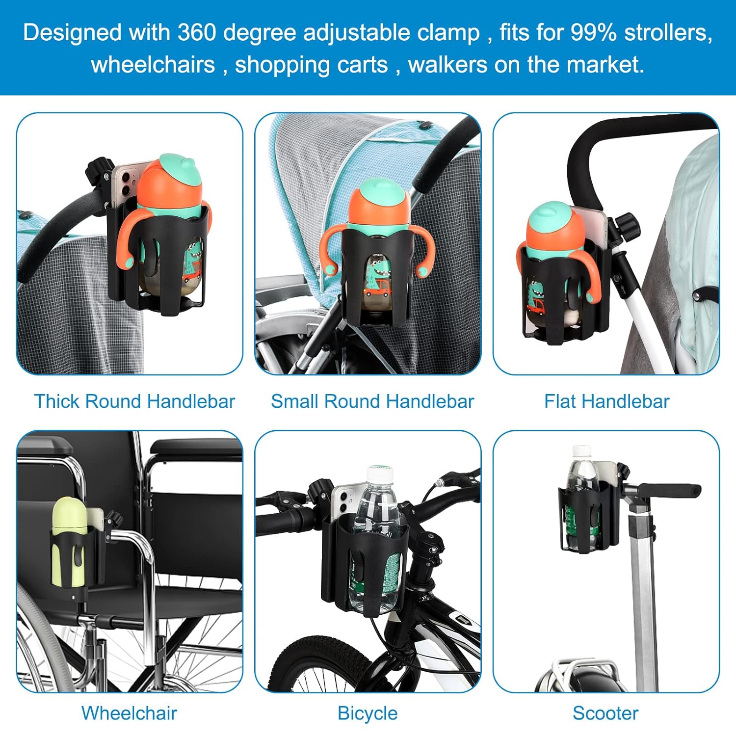 Stroller Cup Holder with Phone Holder, Bike Cup Holder, 2-in-1 Universal Cup Holder for Stroller, Bike, Pushchair, Rollator, Wheelchair, Walker, Scooter - Image 4