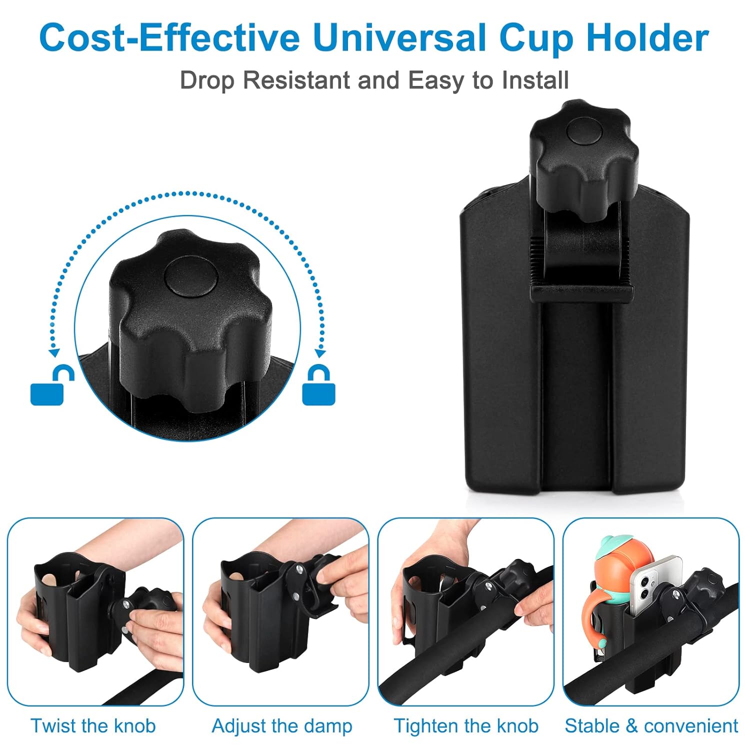 Stroller Cup Holder with Phone Holder, Bike Cup Holder, 2-in-1 Universal Cup Holder for Stroller, Bike, Pushchair, Rollator, Wheelchair, Walker, Scooter - Image 5