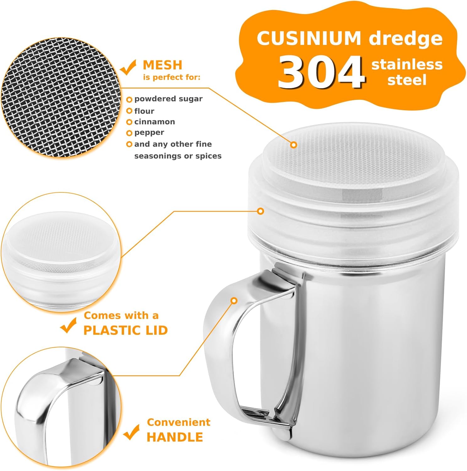 7oz Powdered Sugar Shaker Duster Set, Flour Sifter Cinnamon Shaker Stainless Steel Fine Mesh Dredges Shakers for Cinnamon Flour Salt Pepper Baking - Image 8