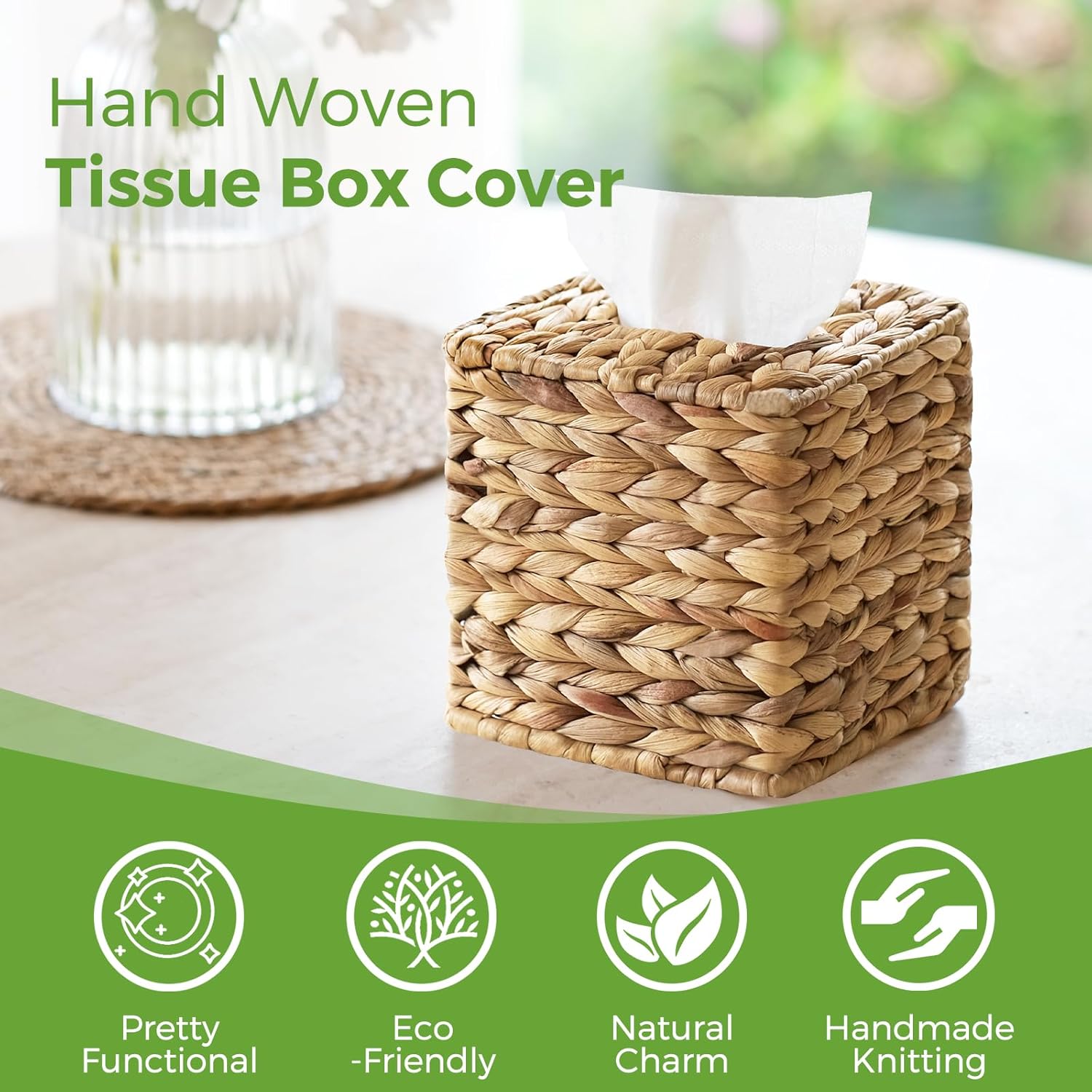Tissue Box Cover, Square Wicker Tissue Box Holder Facial Tissues Boxes, Hand Woven Napkin Box Tissue Holder for Bathroom Bedroom Office Table Desk Night Stand, Boho Decorative, Natural - Image 3
