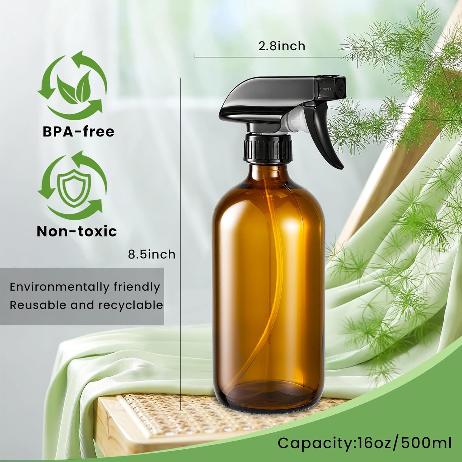 Glass Spray Bottles, Amber Glass Spray Bottles, 16oz, Adjustable Nozzle for Stream and Spray, Reusable, for Essential Oils, Cleaning Products, Detergents(1ps) - Image 2