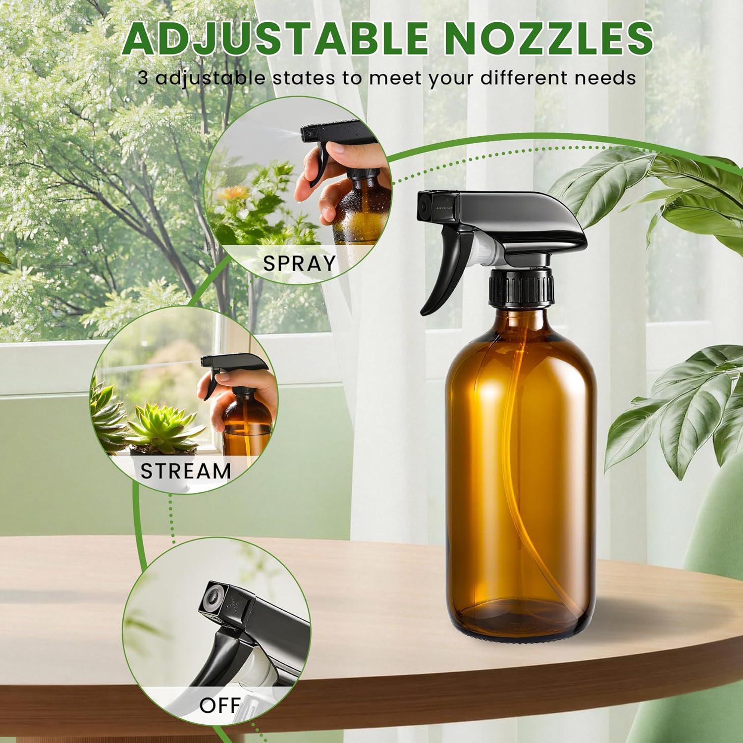 Glass Spray Bottles, Amber Glass Spray Bottles, 16oz, Adjustable Nozzle for Stream and Spray, Reusable, for Essential Oils, Cleaning Products, Detergents(1ps) - Image 3