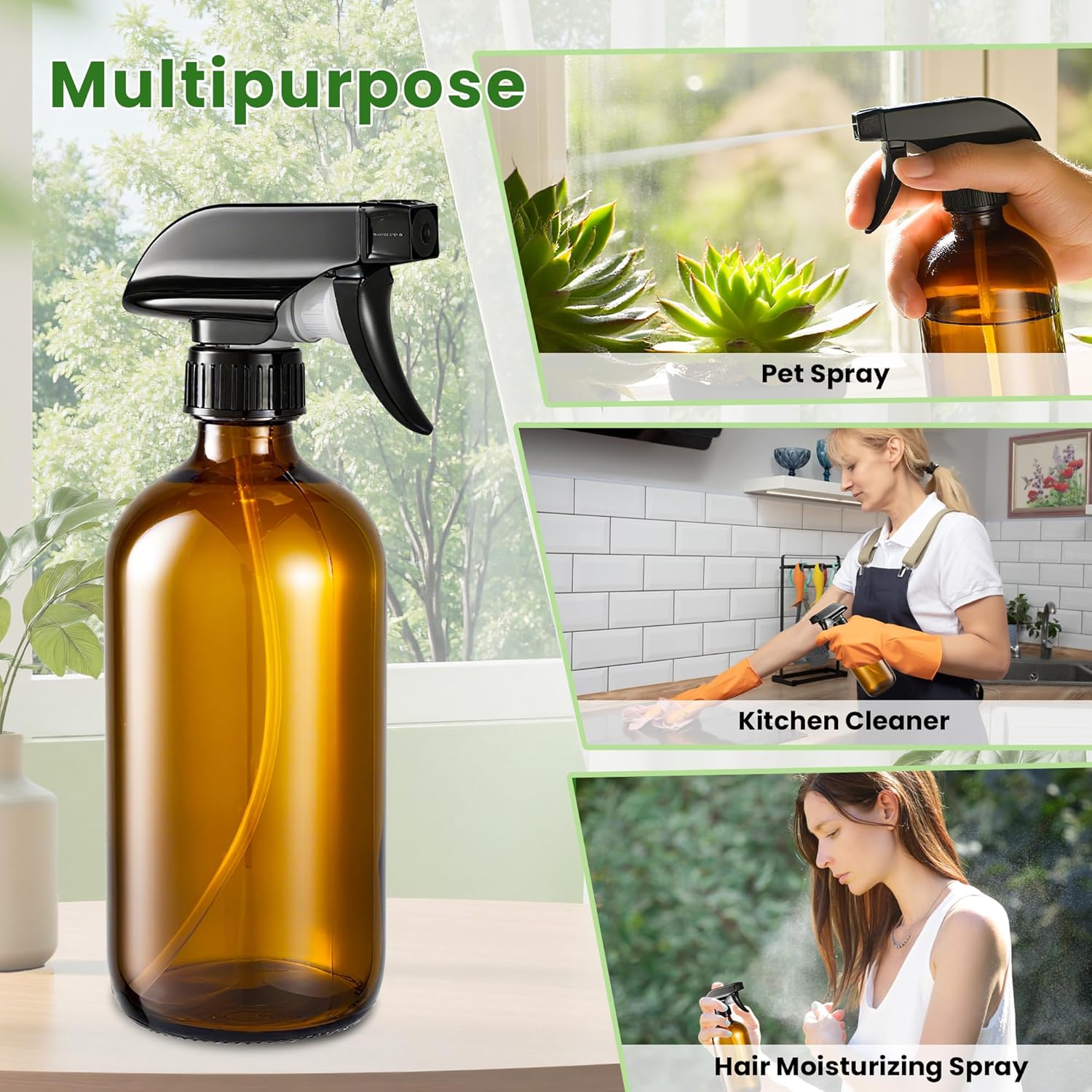 Glass Spray Bottles, Amber Glass Spray Bottles, 16oz, Adjustable Nozzle for Stream and Spray, Reusable, for Essential Oils, Cleaning Products, Detergents(1ps) - Image 5