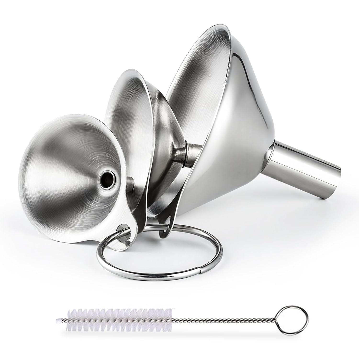 Kitchen Funnel, Stainless Steel Mini Funnel, Set of 3, Perfect for Transferring Liquids, Oils, Powders, Spices, with Round Ring and Cleaning Brush - Image 1