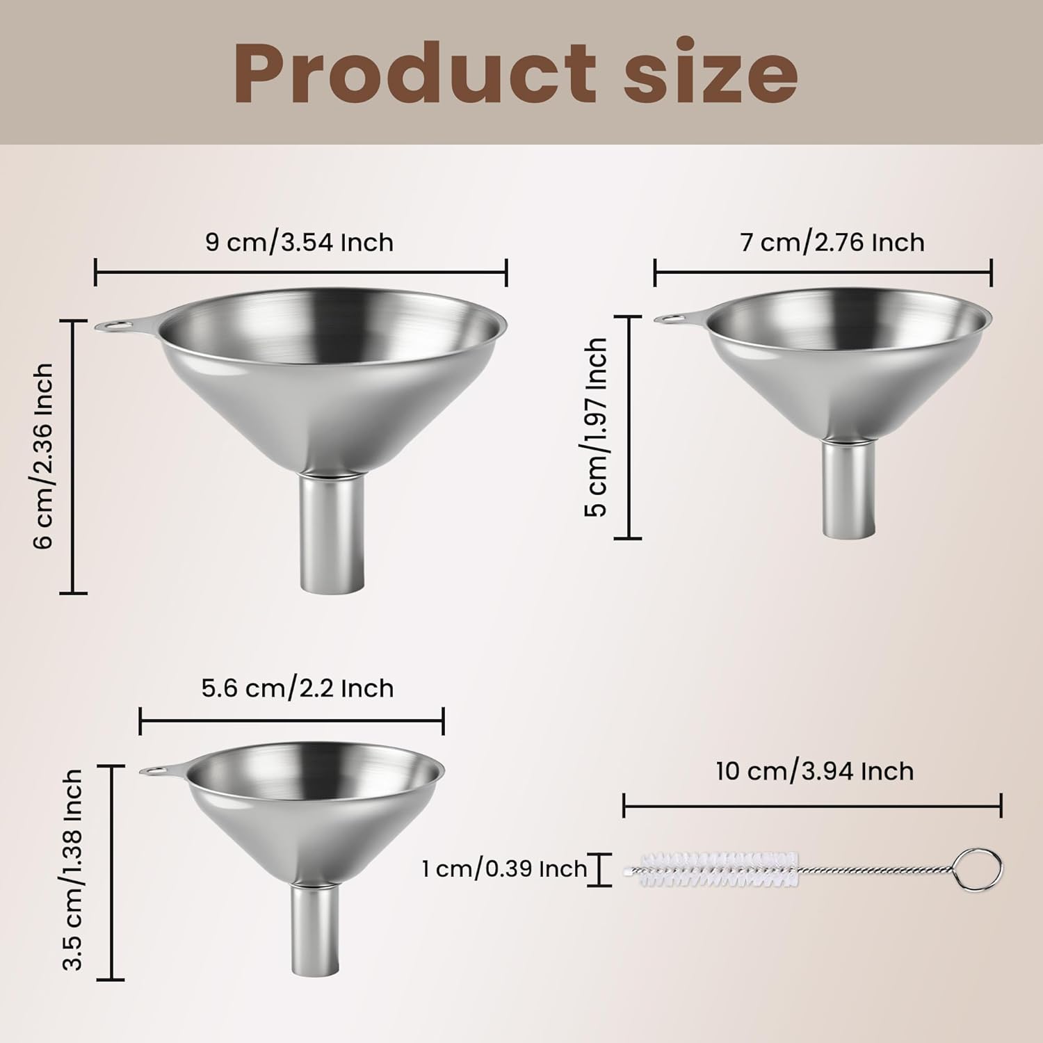 Kitchen Funnel, Stainless Steel Mini Funnel, Set of 3, Perfect for Transferring Liquids, Oils, Powders, Spices, with Round Ring and Cleaning Brush - Image 2