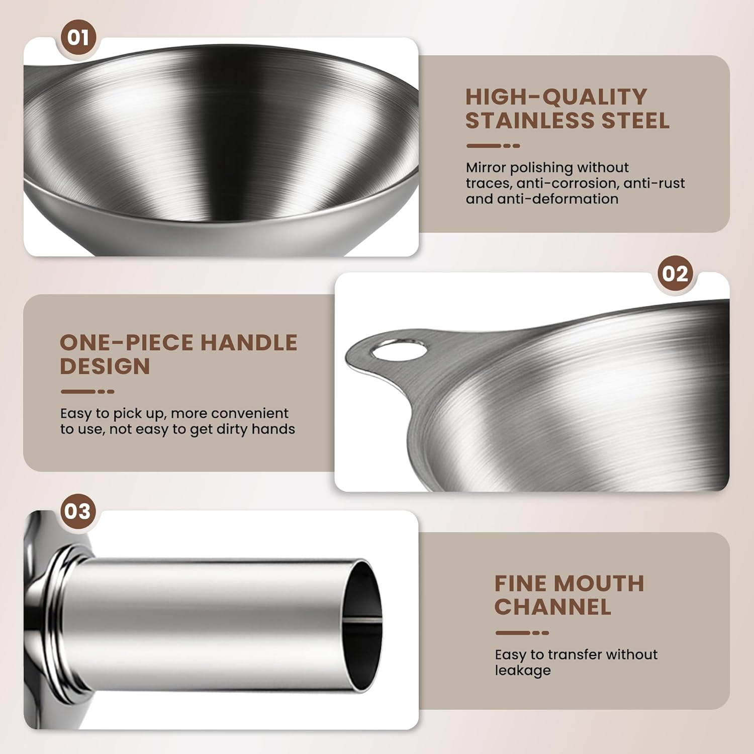Kitchen Funnel, Stainless Steel Mini Funnel, Set of 3, Perfect for Transferring Liquids, Oils, Powders, Spices, with Round Ring and Cleaning Brush - Image 3