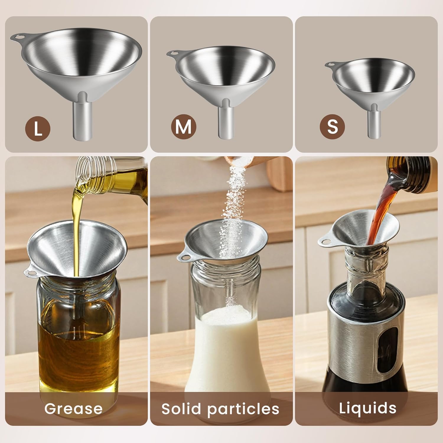 Kitchen Funnel, Stainless Steel Mini Funnel, Set of 3, Perfect for Transferring Liquids, Oils, Powders, Spices, with Round Ring and Cleaning Brush - Image 4