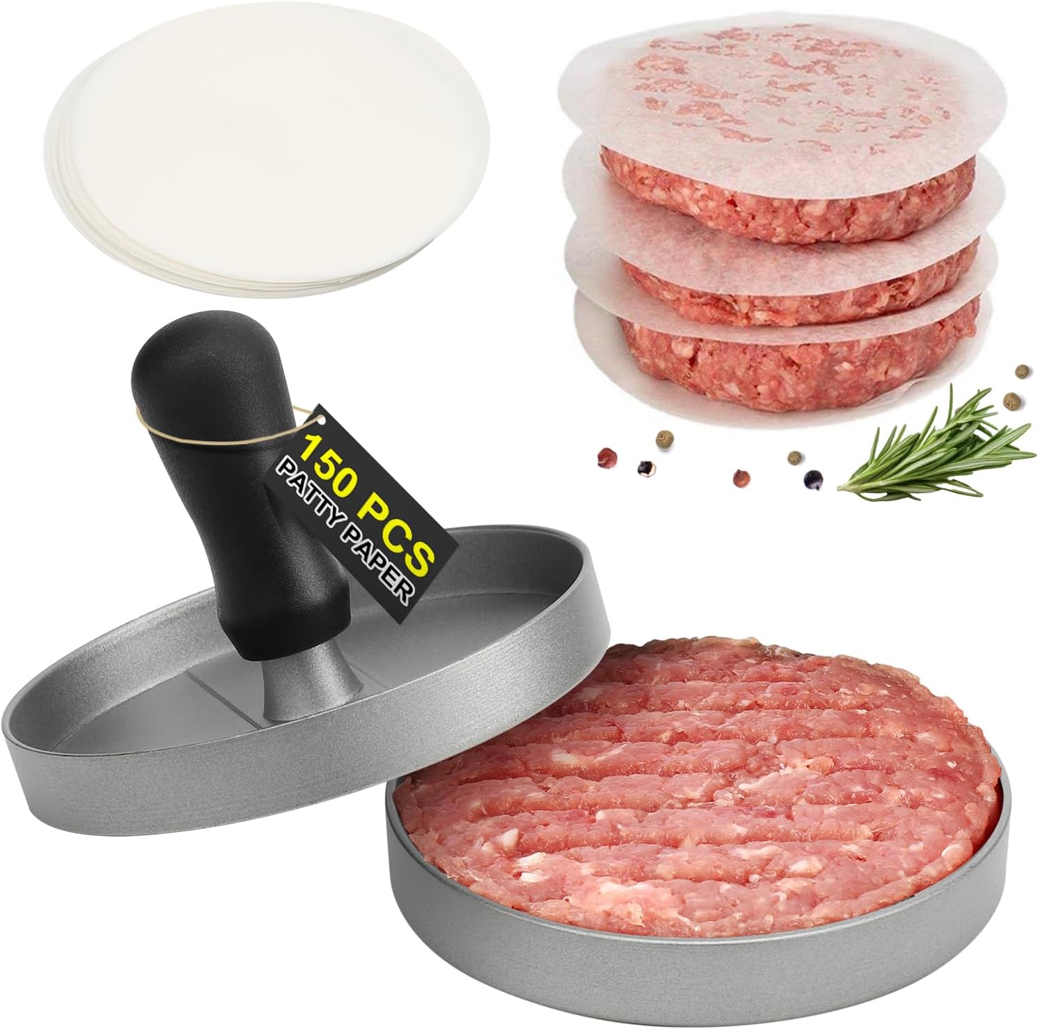 Burger Press 150 Patty Papers, Non-Stick Hamburger Patty Maker with Wax Paper, Aluminum Burger Maker for Kitchen BBQ Grill - Image 1