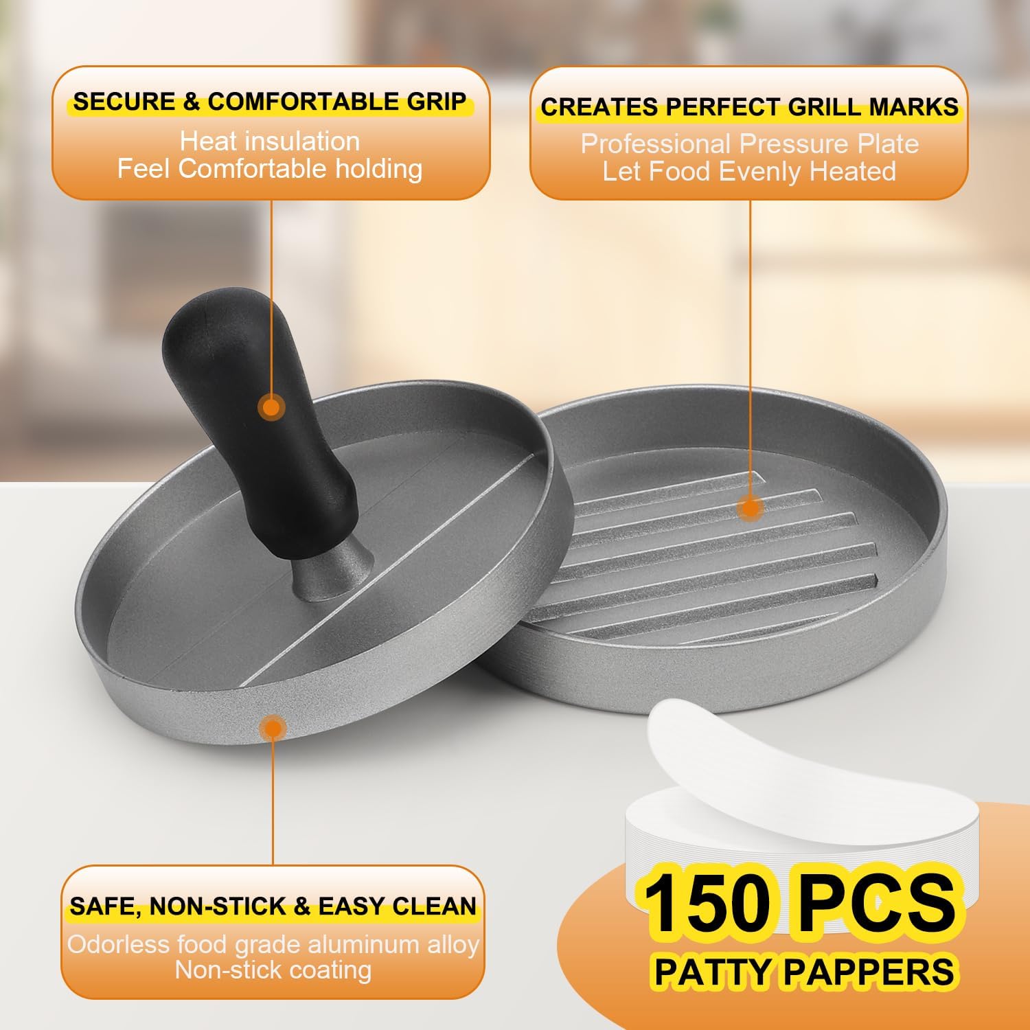 Burger Press 150 Patty Papers, Non-Stick Hamburger Patty Maker with Wax Paper, Aluminum Burger Maker for Kitchen BBQ Grill - Image 5