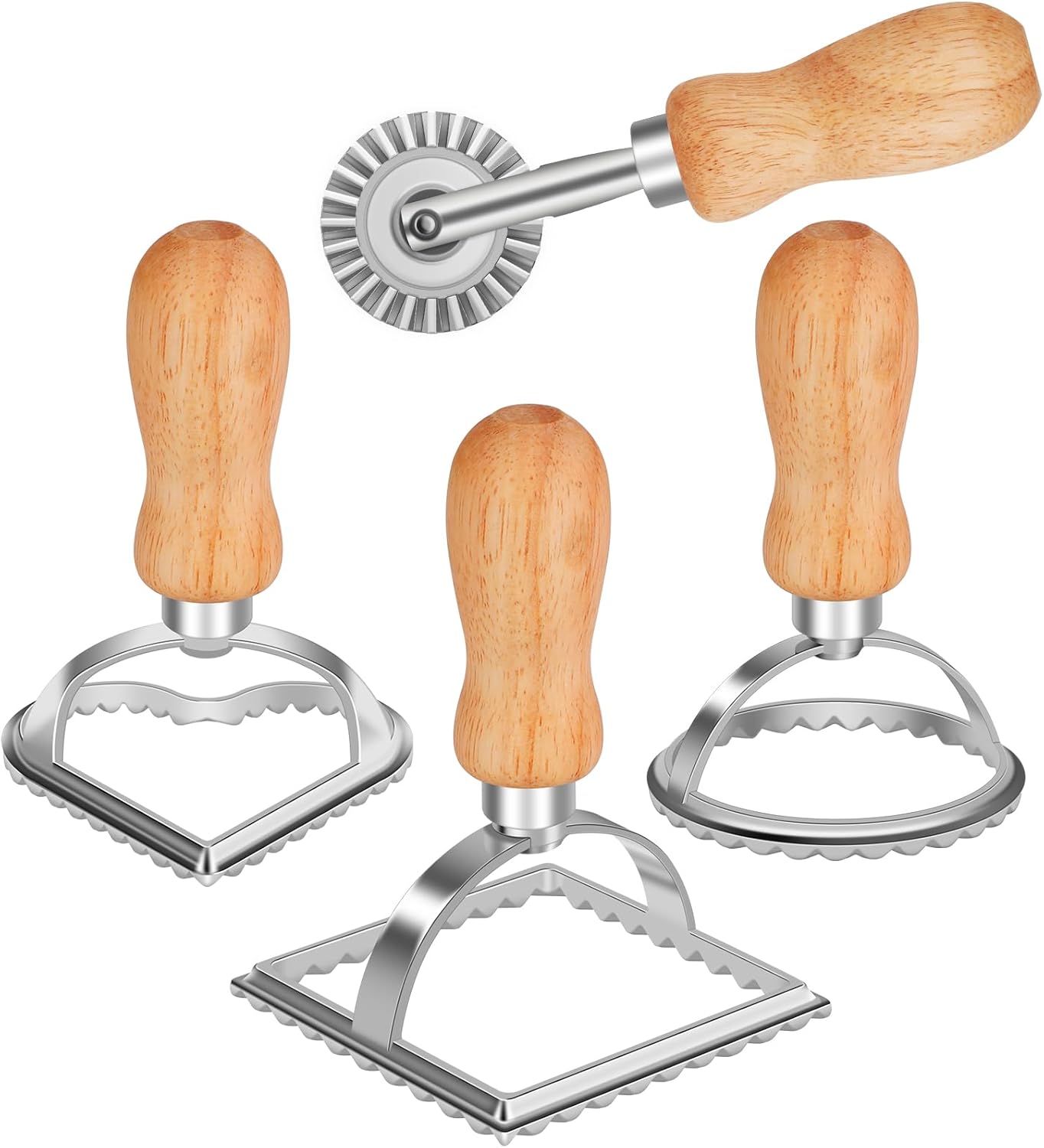 Ravioli Stamp Maker Cutter with Roller Wheel (Set of 4), Wooden Handle and Fluted Edge, for Ravioli, Pasta, Dumplings Lasagna, Pierogi - Image 1