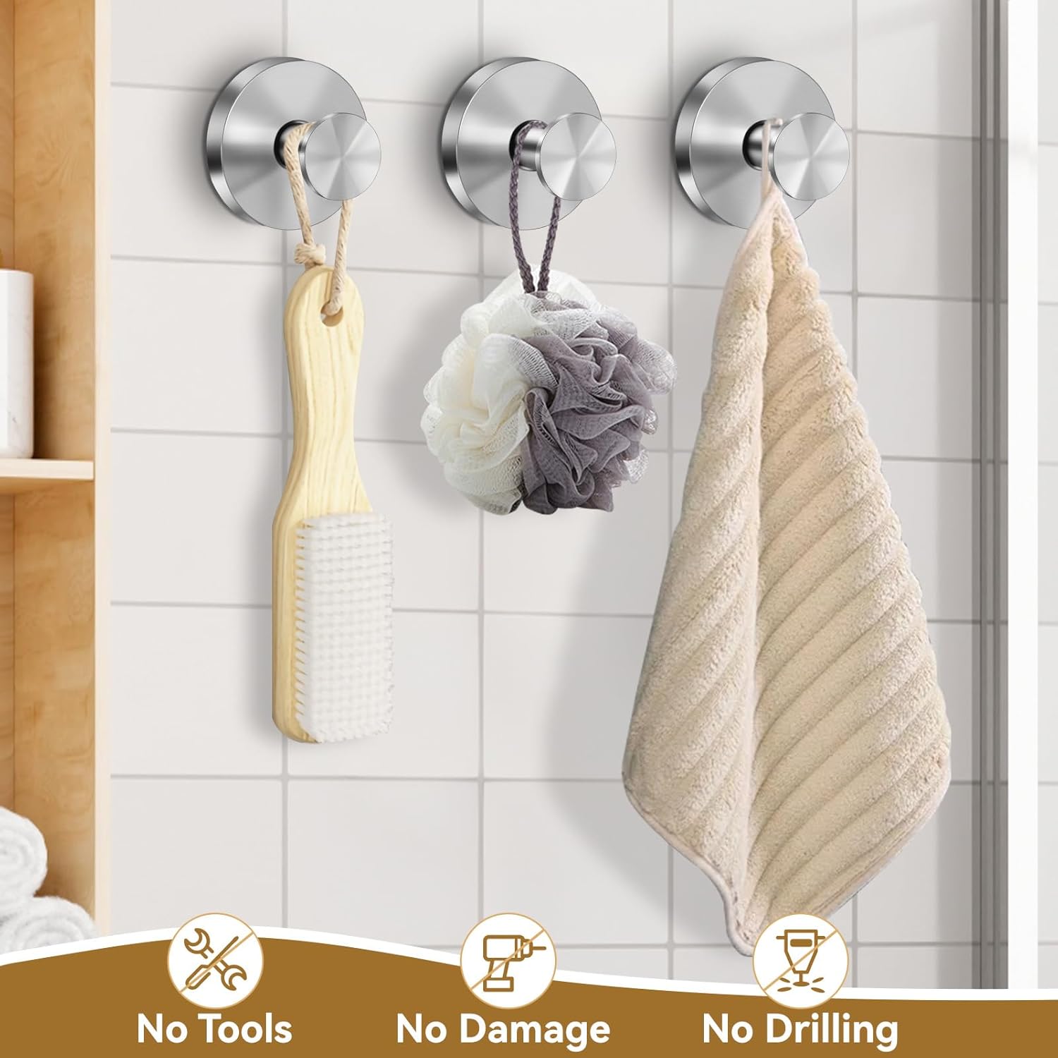 Suction Cup Hooks for Shower, Removable Towel Hooks for Bathroom Window Glass, Powerful Vacuum Shower Hook for Towel, Robe, Loofah - 4 Pack, Sliver - Image 3