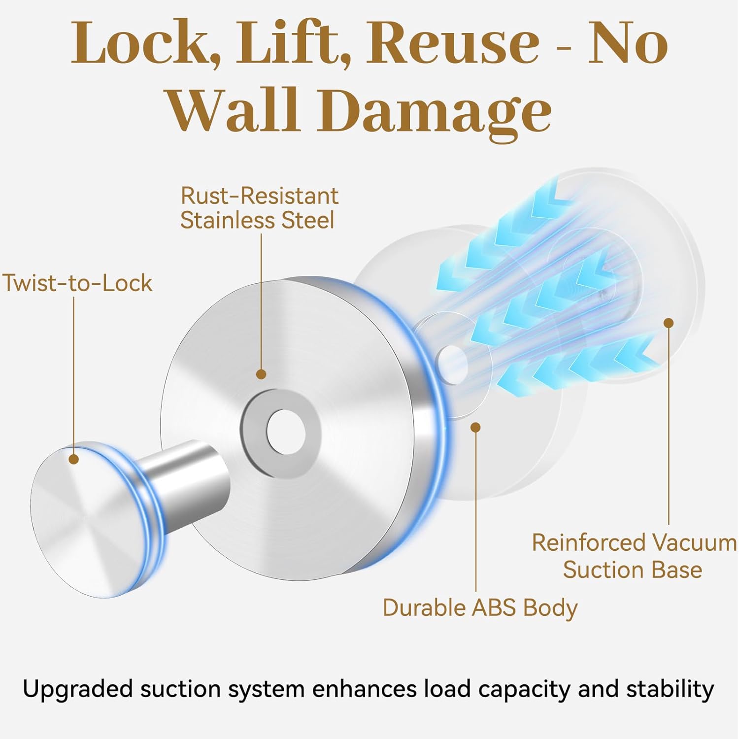 Suction Cup Hooks for Shower, Removable Towel Hooks for Bathroom Window Glass, Powerful Vacuum Shower Hook for Towel, Robe, Loofah - 4 Pack, Sliver - Image 4