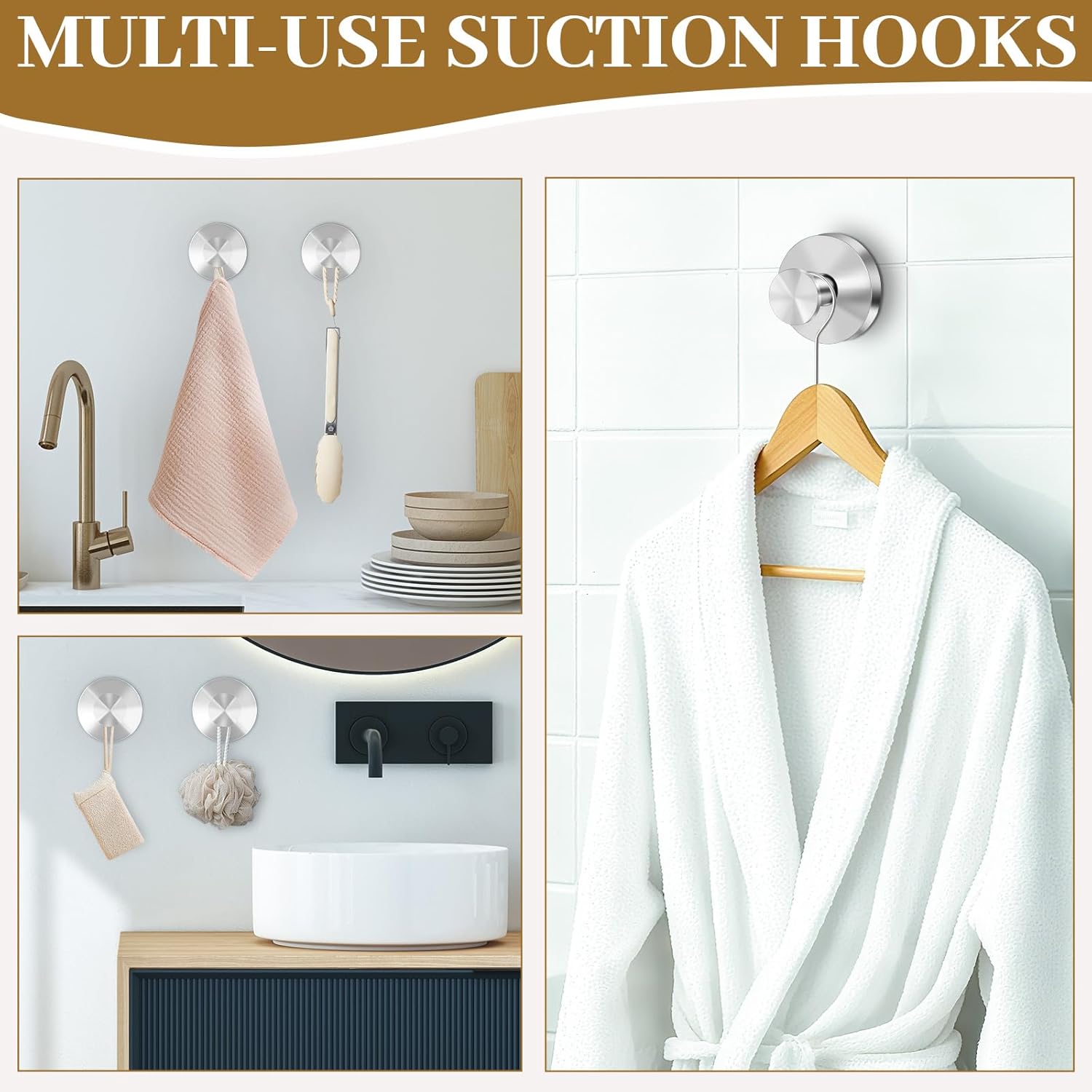 Suction Cup Hooks for Shower, Removable Towel Hooks for Bathroom Window Glass, Powerful Vacuum Shower Hook for Towel, Robe, Loofah - 4 Pack, Sliver - Image 6