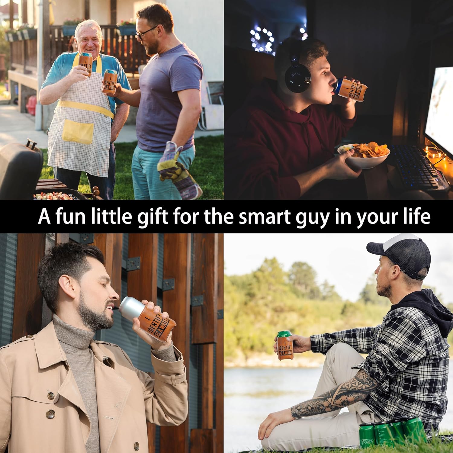 Funny Birthday Gifts for Men - Gag & Retirement Gift Ideas for Dad Husband Boyfriend : I Identify As A Water Faux Leather Can Cooler Sleeve - Image 4