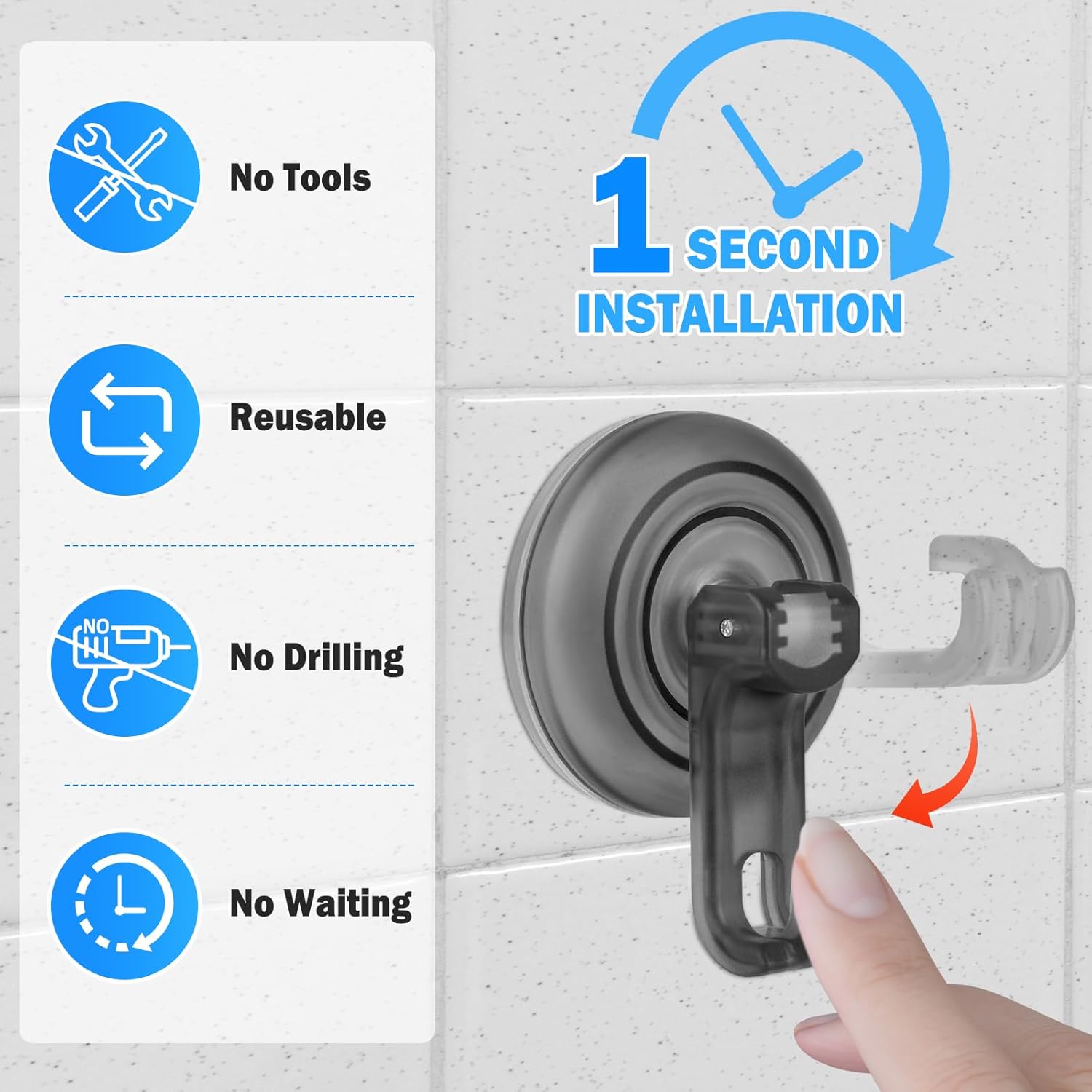 Suction Cup Hooks for Shower, Powerful Vacuum Shower Hook for Towel, Robe, Loofah - Reuseable and Removeable Bathroom Hook, Gray, 6 Pack - Image 3