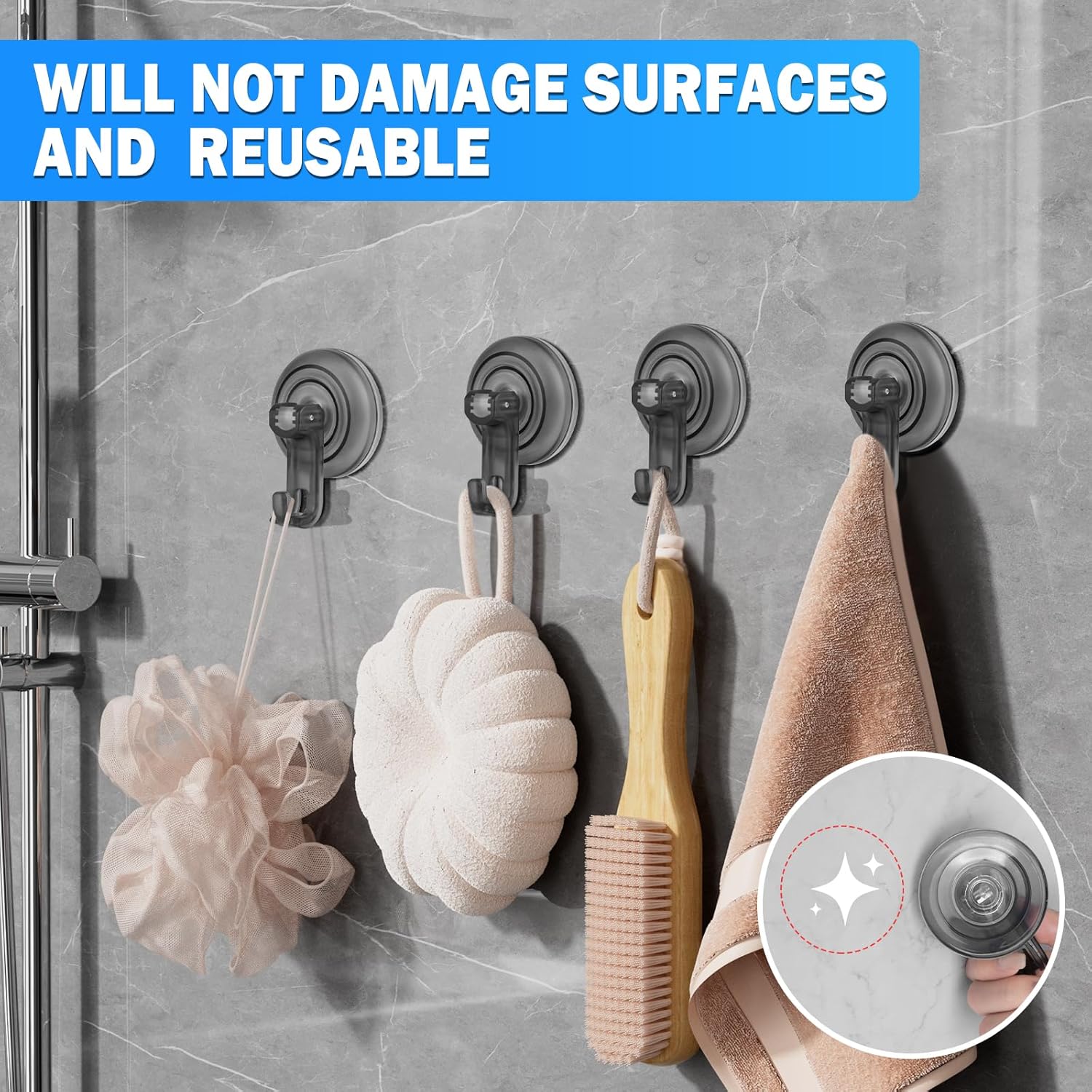 Suction Cup Hooks for Shower, Powerful Vacuum Shower Hook for Towel, Robe, Loofah - Reuseable and Removeable Bathroom Hook, Gray, 6 Pack - Image 5