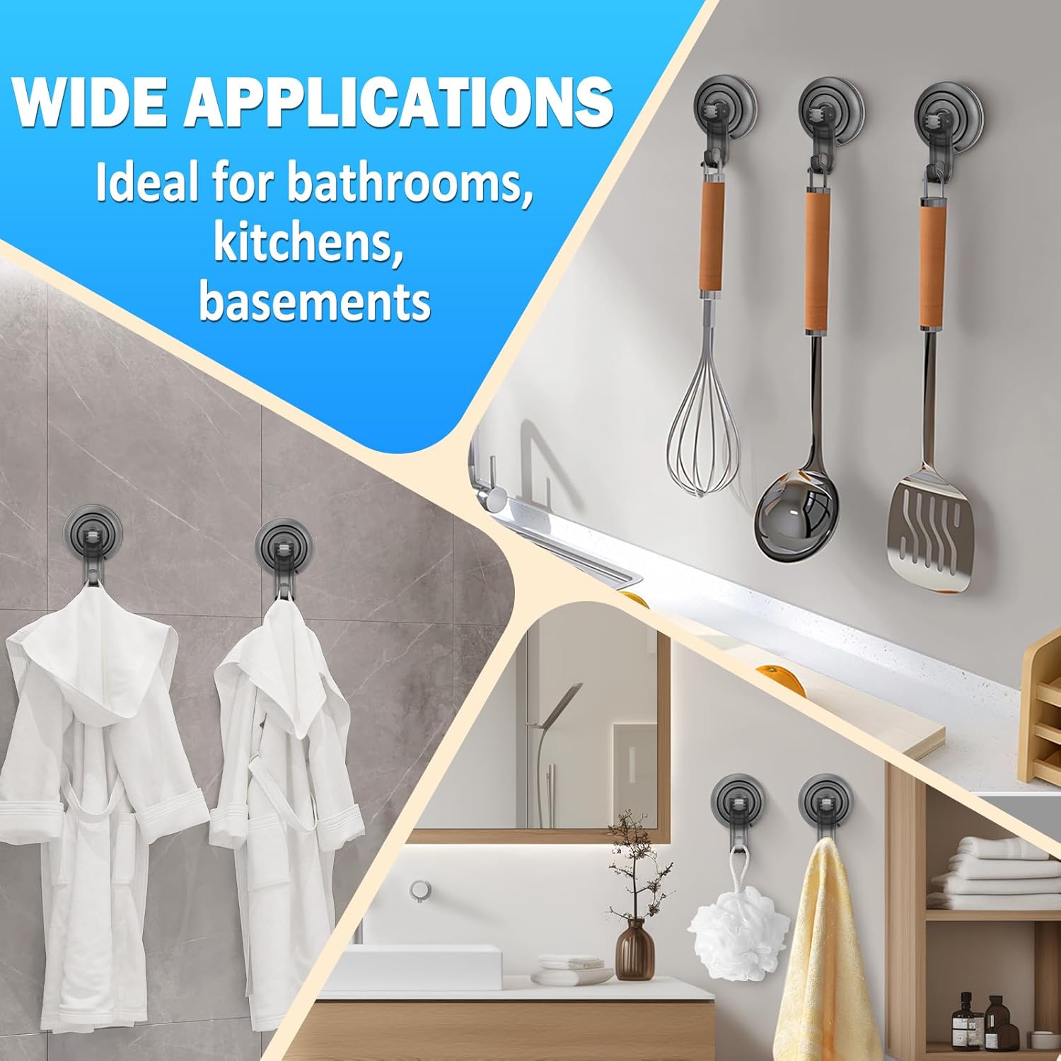 Suction Cup Hooks for Shower, Powerful Vacuum Shower Hook for Towel, Robe, Loofah - Reuseable and Removeable Bathroom Hook, Gray, 6 Pack - Image 7