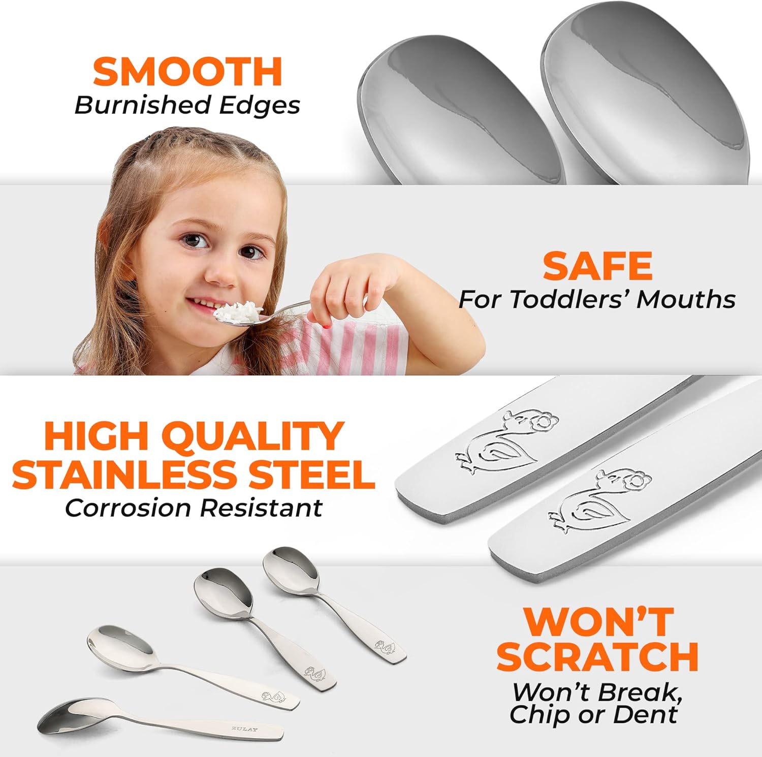 4-Piece Toddler Utensils - Child and Toddler Silverware Set for Self Feeding - Smooth Edged Kids Silverware Stainless Steel, Mirror Polished, Dishwasher Safe (4 Spoons) - Image 4