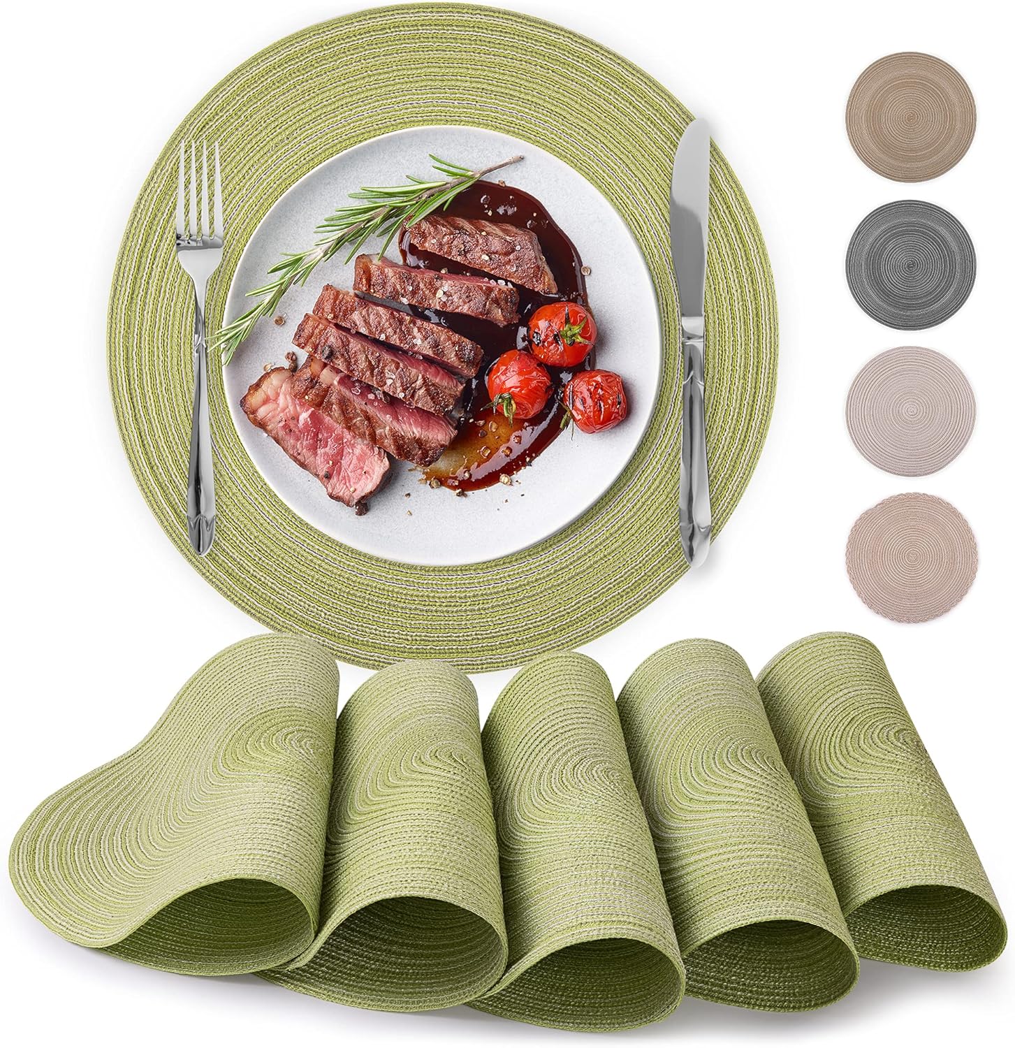 15 Inch Round Placemats for Dining Table Set of 6 - Braided Round Place Mats & Anti-Skid Placemat - Heat Resistant Round Woven Placemats & Table Mats for Dining (Green) - Image 1