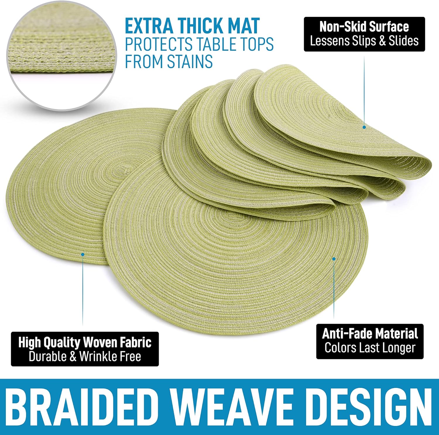 15 Inch Round Placemats for Dining Table Set of 6 - Braided Round Place Mats & Anti-Skid Placemat - Heat Resistant Round Woven Placemats & Table Mats for Dining (Green) - Image 4