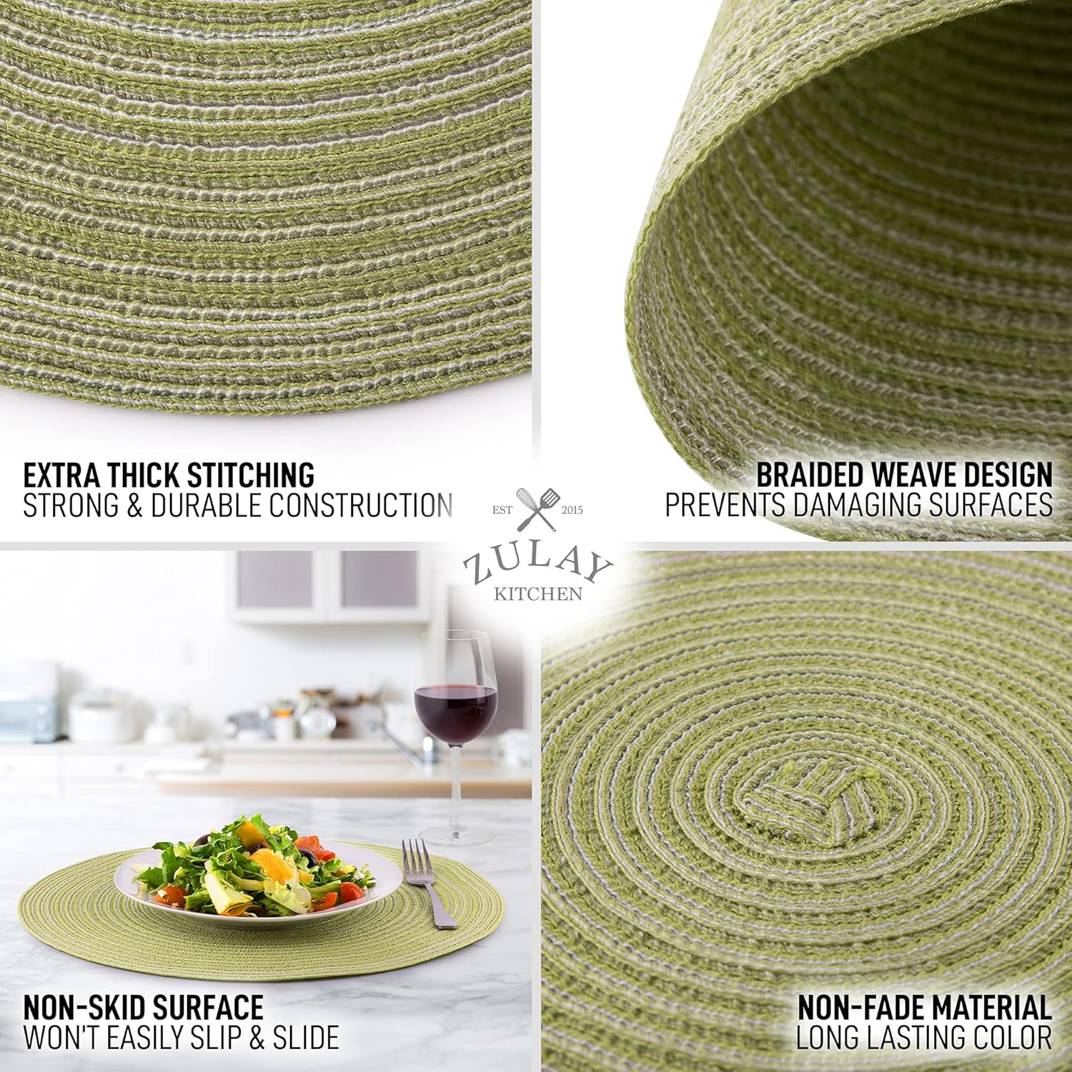 15 Inch Round Placemats for Dining Table Set of 6 - Braided Round Place Mats & Anti-Skid Placemat - Heat Resistant Round Woven Placemats & Table Mats for Dining (Green) - Image 5