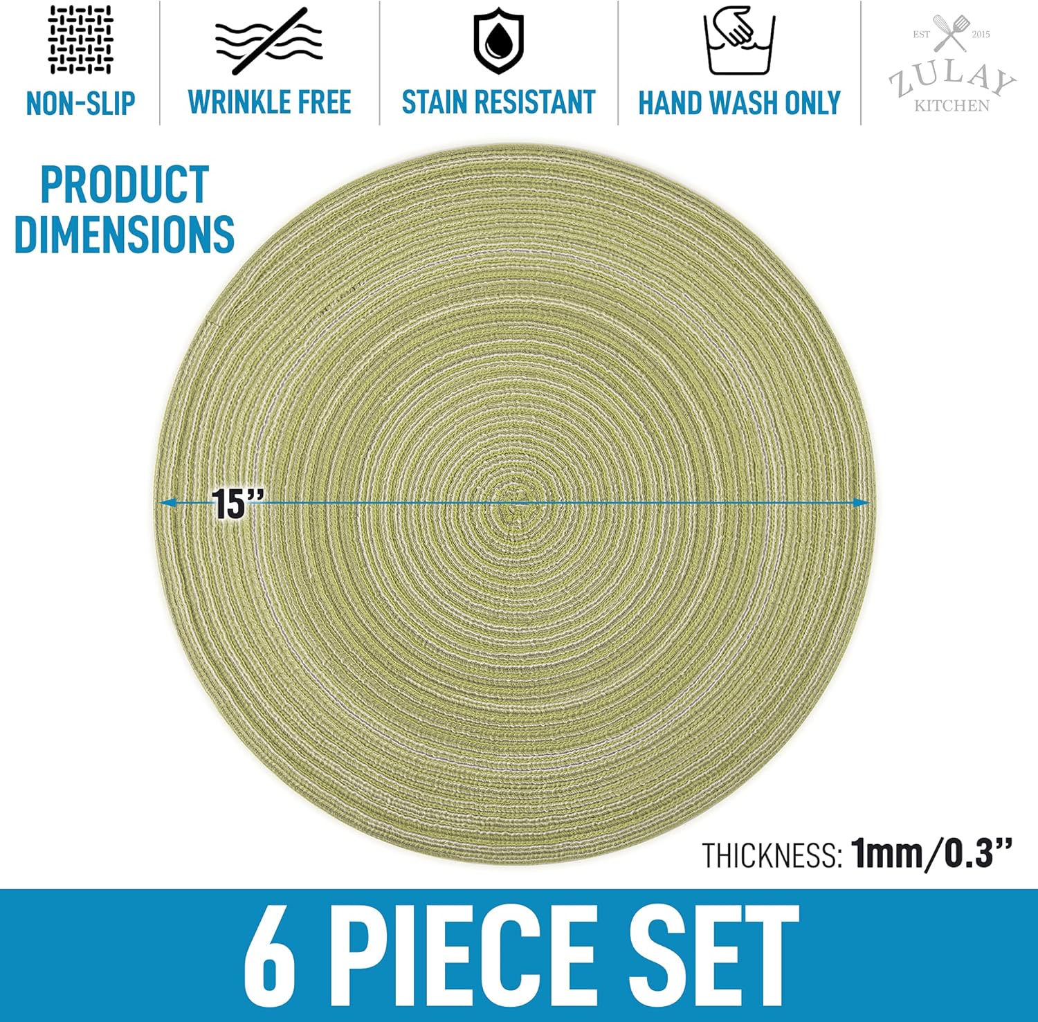 15 Inch Round Placemats for Dining Table Set of 6 - Braided Round Place Mats & Anti-Skid Placemat - Heat Resistant Round Woven Placemats & Table Mats for Dining (Green) - Image 6