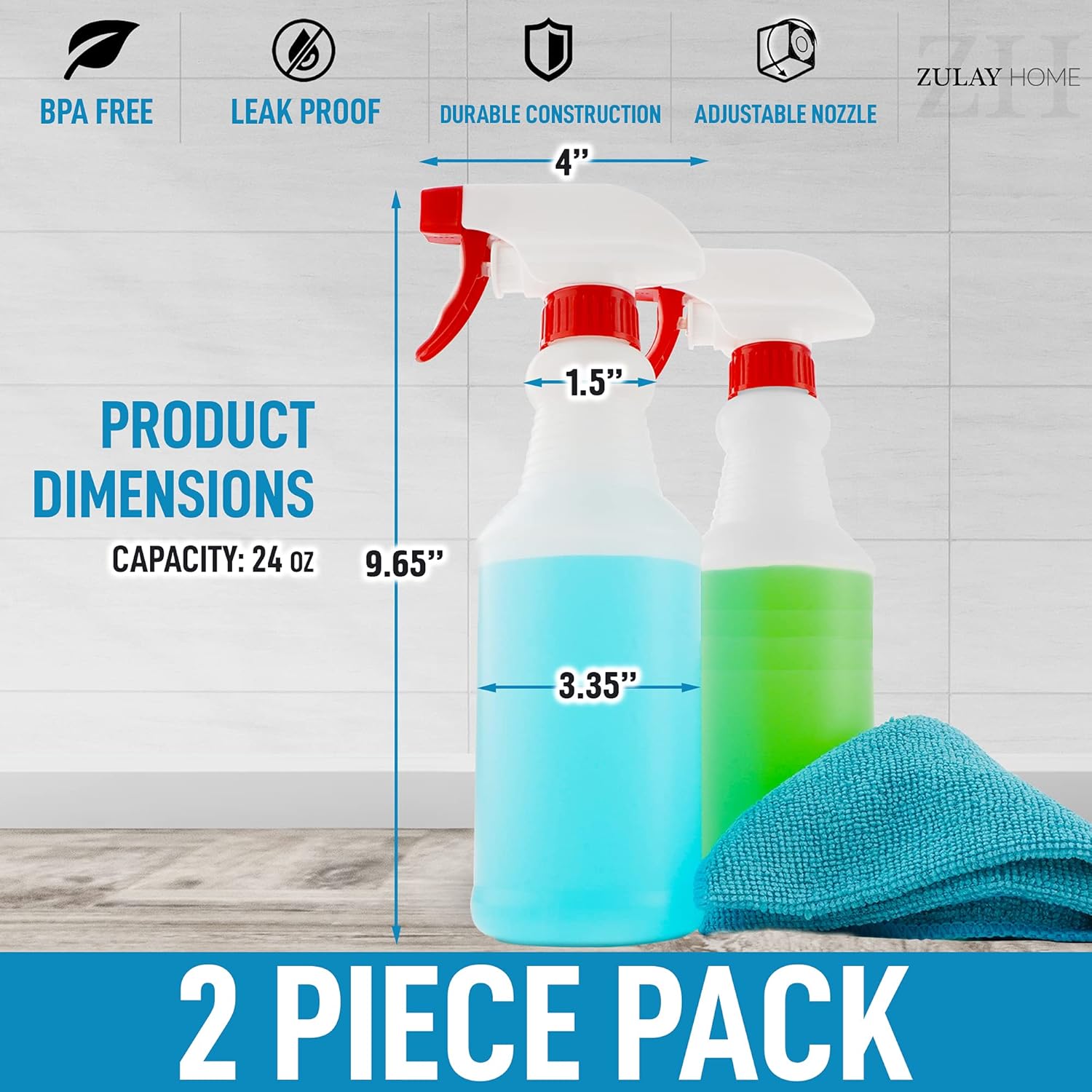 24 oz Spray Bottle - Heavy Duty Cleaning Spray Bottles For Cleaning Solutions - Leakproof Cleaning Spray Bottle Set with Adjustable Nozzle & Spring Loaded Trigger (2 Pack) - Image 3
