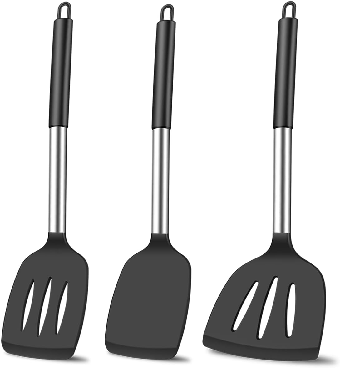 3Pcs Silicone Spatula Set Heat Resistant Spatulas for Nonstick Cookware Fish Turner Plastic Spatulas Rubber Wok Spatula, Long Large Spatula Silicone Cooking Use Kitchen Utensils Set - Image 1