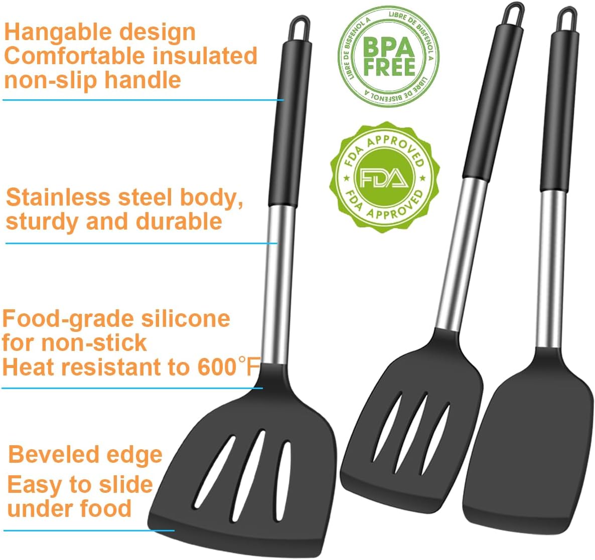 3Pcs Silicone Spatula Set Heat Resistant Spatulas for Nonstick Cookware Fish Turner Plastic Spatulas Rubber Wok Spatula, Long Large Spatula Silicone Cooking Use Kitchen Utensils Set - Image 2